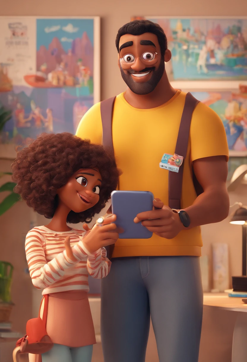 Estilo Pixar: Adult man is holding brown girl hair and eyes holding an iphone 3D Poster,Disney