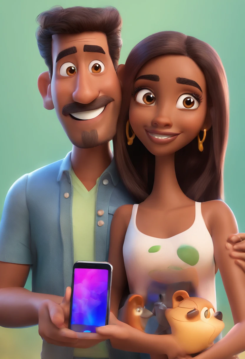 Estilo Pixar: Adult man is holding brown girl hair and eyes holding an iphone 3D Poster,Disney