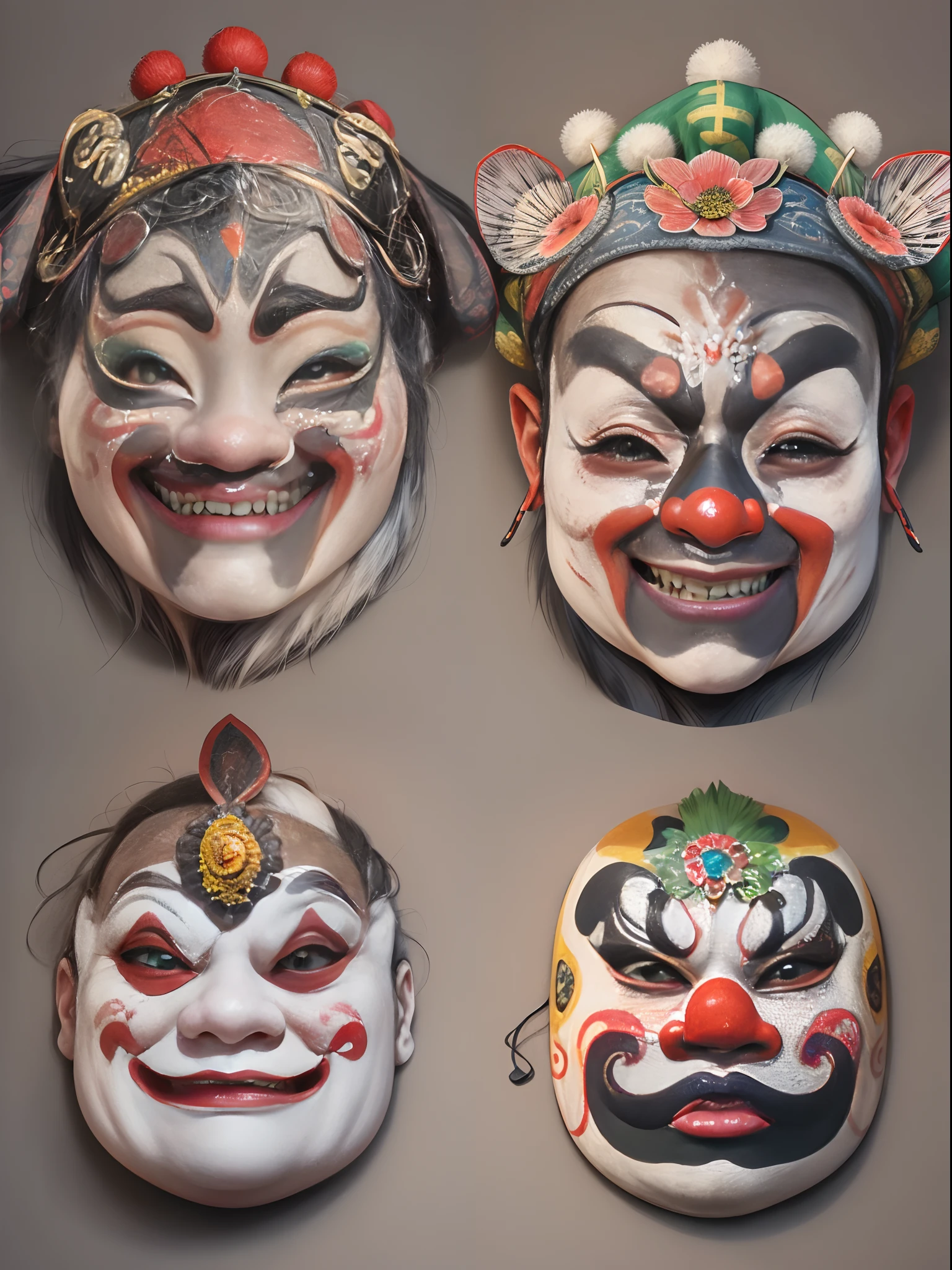 ((Close-up of 6 Peking Opera clown masks), (Peking Opera face） , drama masks, Realistic, (6. symmetrical arrangements) Masterpiece, Intricate details,hyper HD, Masterpiece, ccurate, Anatomically correct, Textured skin, High details, Award-Awarded, High quality, A high resolution, Best quality, 8K，sticker design，a sticker，black border，