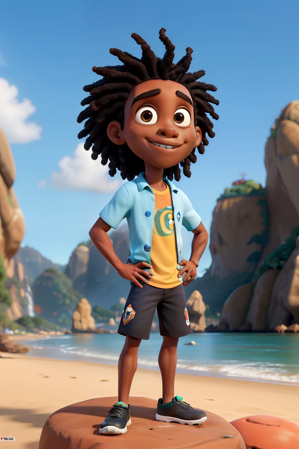 Crie um personagem Disney Pixar. Trata-se de um preto com dreads que tem o sonho de ser jogador de futebol brincando com a bola em uma praia do Rio de Janeiro. Ao fundo, it is possible to see an image of Christ the Redeemer. It's a sunny day