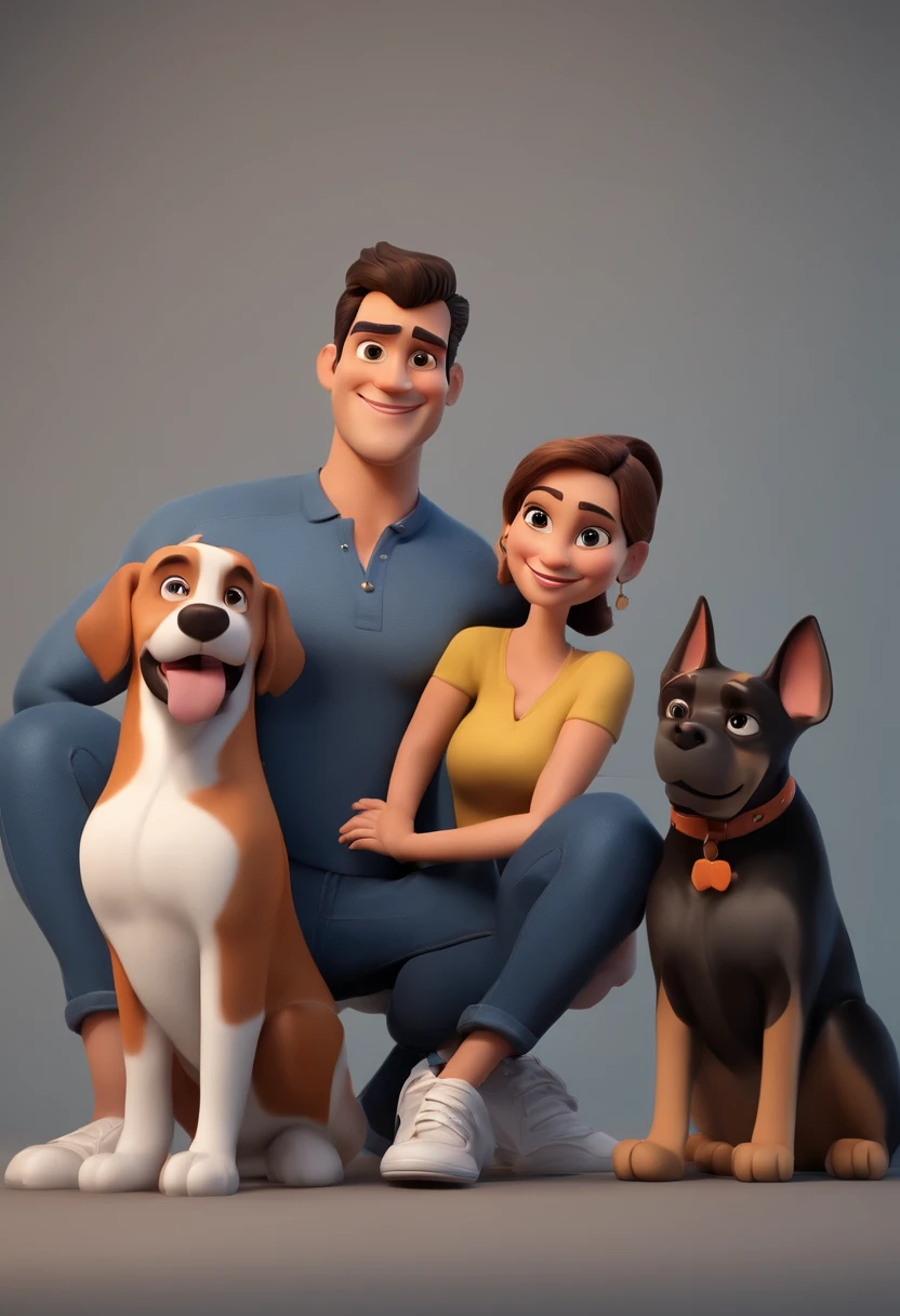 Cartoon character of a man in jeans and black V-neck shirt posing with his 8-year-old daughter, two cats and a female dog Harlequin-colored Great Dane, um personagem animado, Caractere estilizado, animation style rendering, 3D estilizado, Arnold Maya render, 3 d render stylized, toon render keyshot, Personagem 3D, Personagem 3D, 3d rendering stylized, 3 d character render, personagem de desenho animado, Personagem de close up, Pose de personagem, (Estilo Pixar) (master part:1.2) (Bokeh) (best quality) (pele detalhada) (textura detalhada) (8k) (argila) (Cinematic lighting) (foco nítido,Senta e vaza a parte superior do corpo