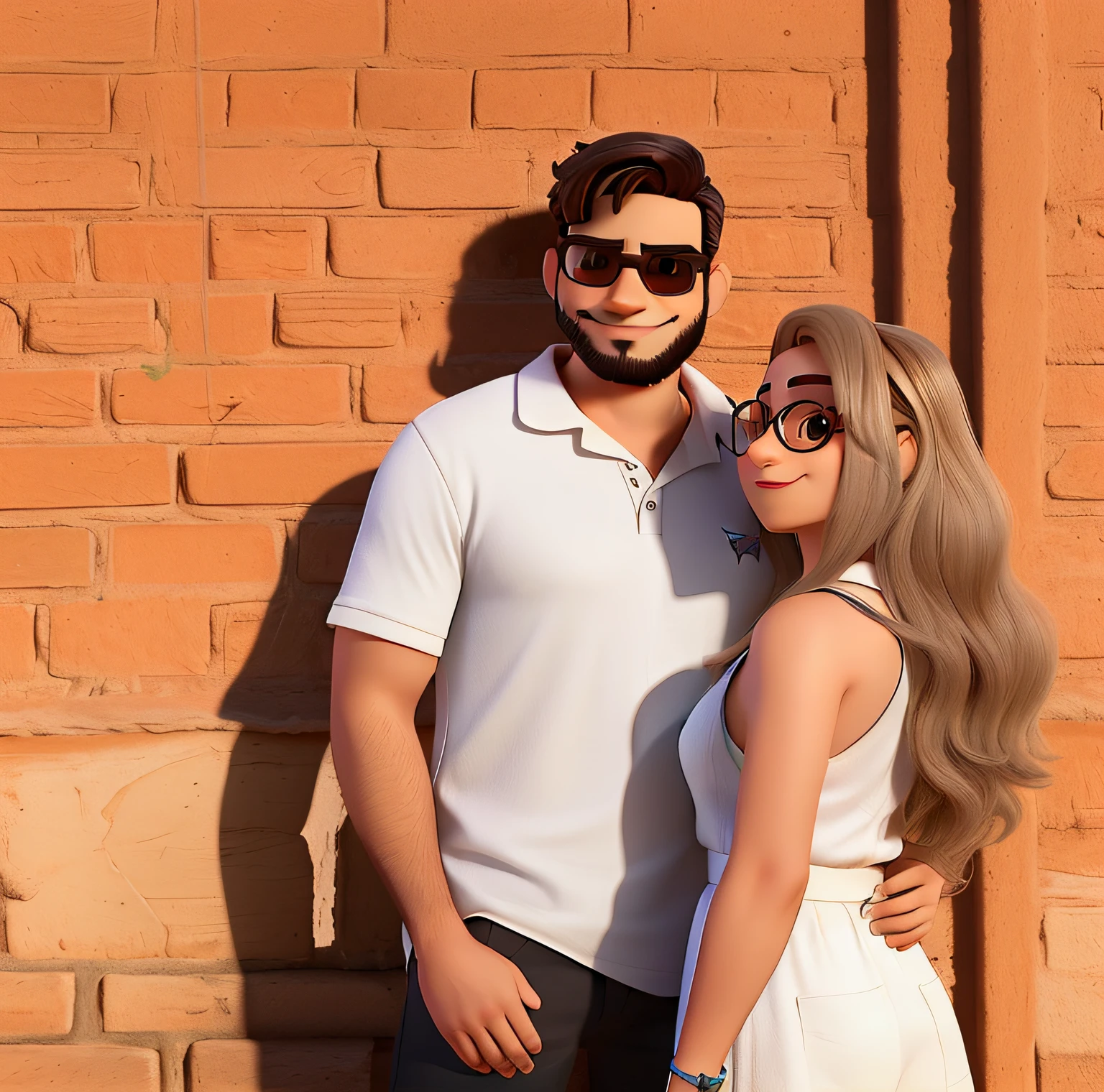 um casal com oculos de sol, homen barba curta,estilo disney pixar, melhor qualidade, alta qualidade