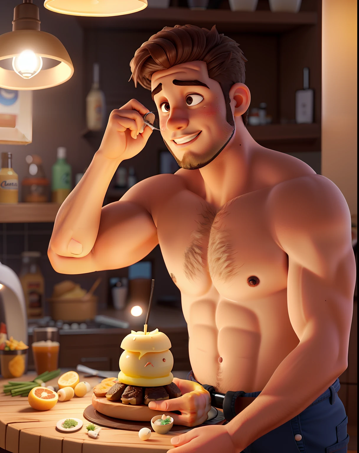 Um gordinho de cabelo cortado em volta de uma cadeira de barbeiroaltura de 1,70, illuminated by the light of a lamp, contra o pano de fundo de uma barbearia
