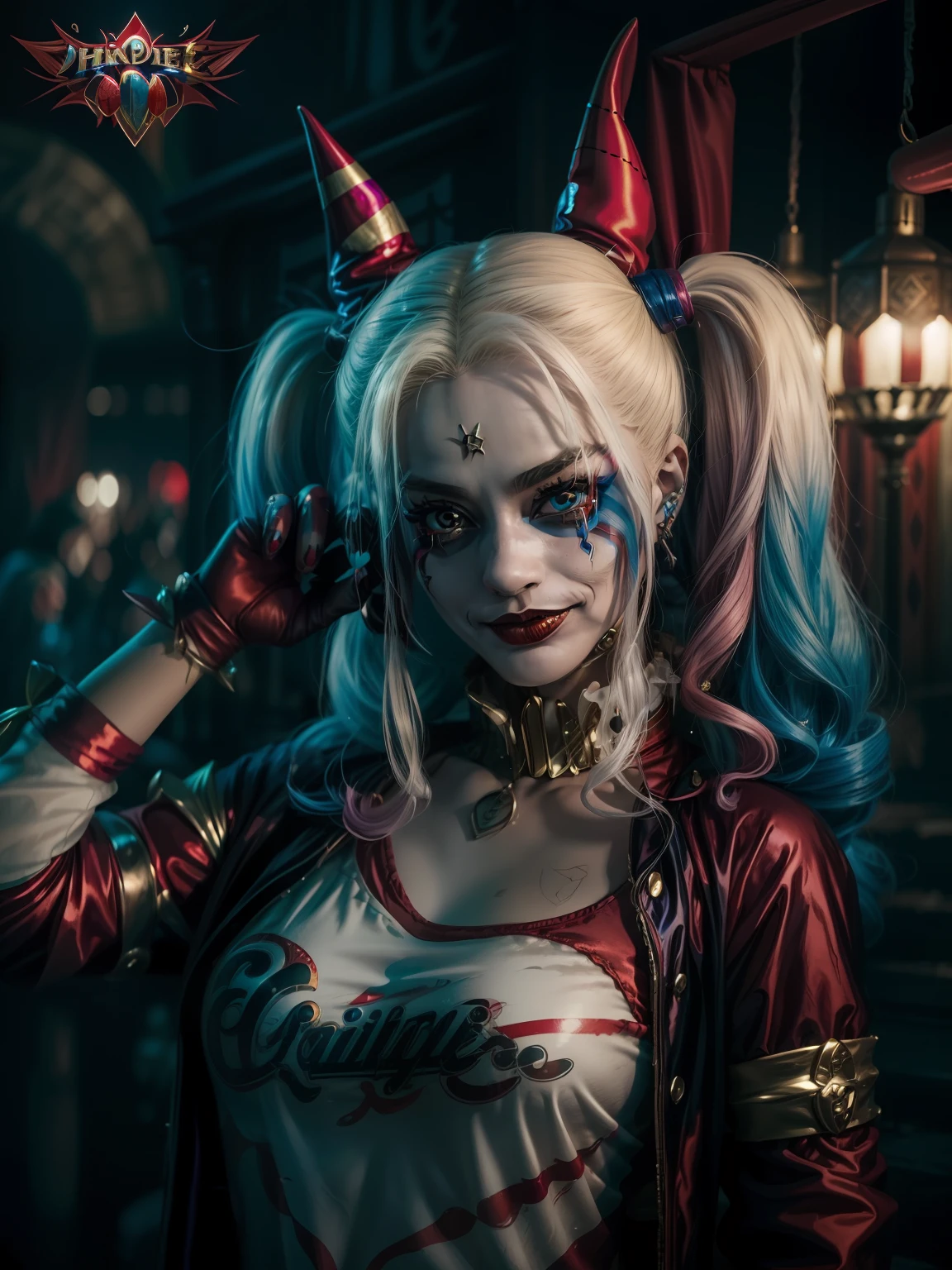 (tmasterpiece, Best quality, 超高分辨率, splendid),1 rapariga, Harley Quinn。 The face is painted in a clown costume，Witch hat,Halloween dress up,beautiful and detail face, A detailed eye，Harley Quinn（Harley Quinn）