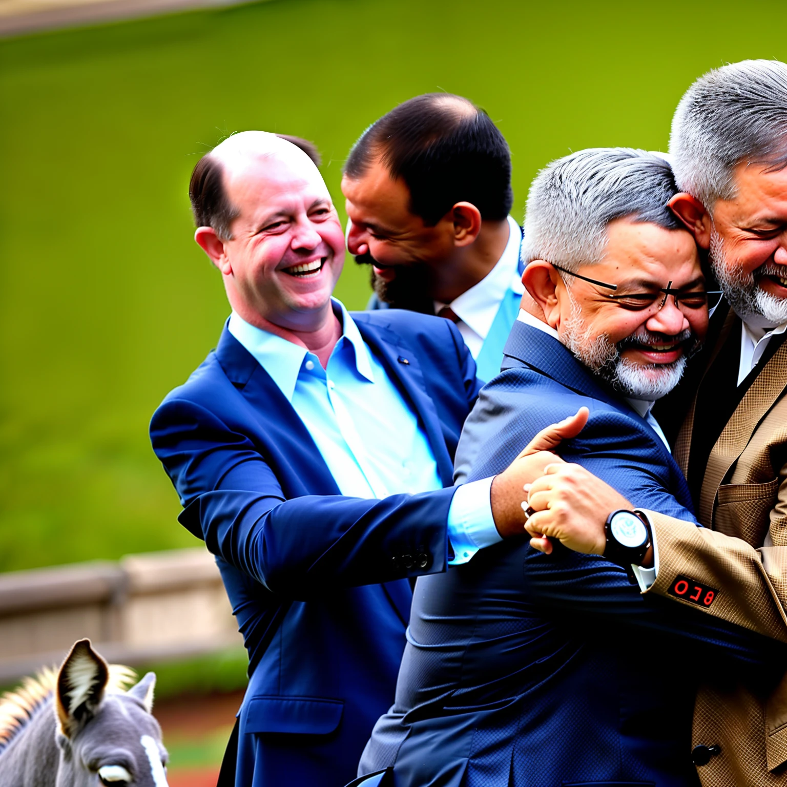 Create an image of President Lula hugging a donkey