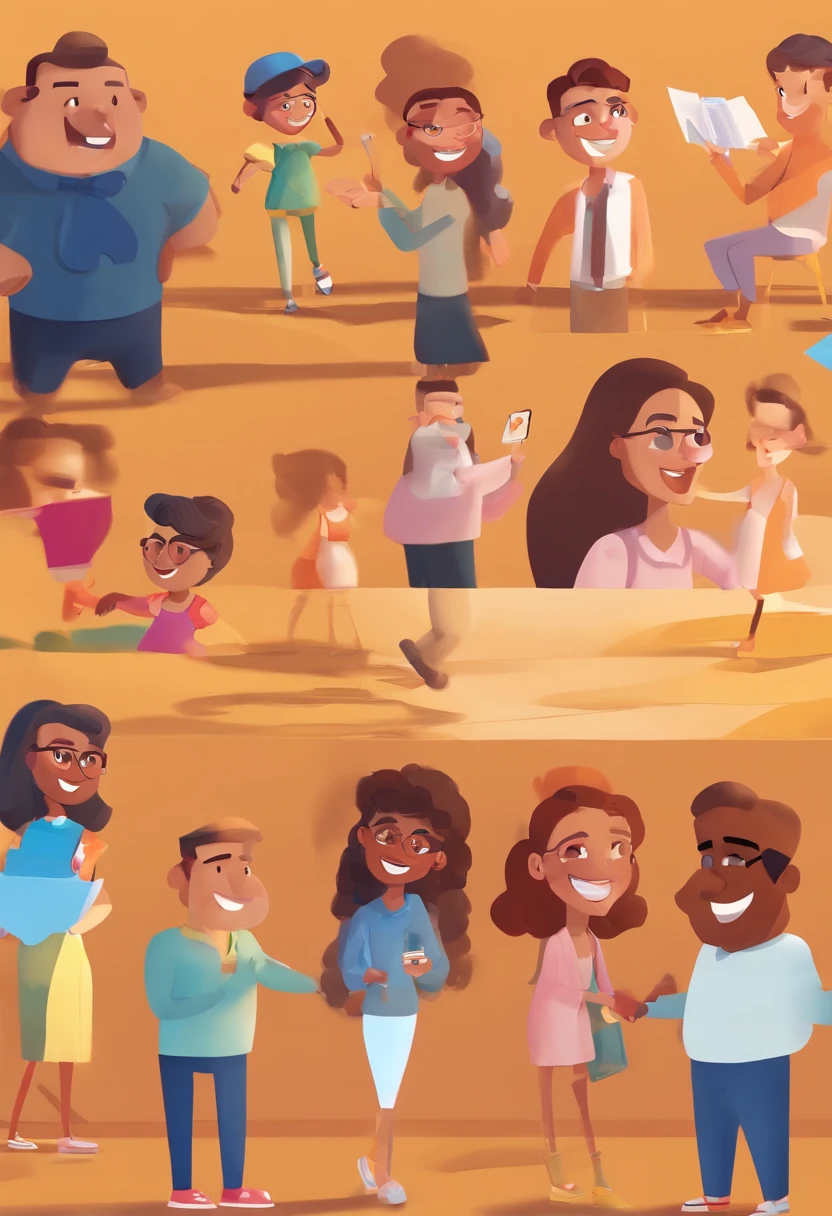 An illustration of an adorable couple, Highlight for a chubby mulatto man with glasses smiling and a brunette woman with beautiful expressive eyes - the man's skin is mulatto and the man's hair haswhile the woman's skin is black and the woman's hair is straight and brown. They are a bright room, cada um com um sorriso no rosto, e compartilhar um momento especial caracterizado pelo amor, Insights. Illustrate this scene from a perspective where they are facing the camera, Smiling and Showing Your Connection. Desenvolva esta arte em Full HD, Focus on your cinematic touch, Estilo Disney Pixar Animations