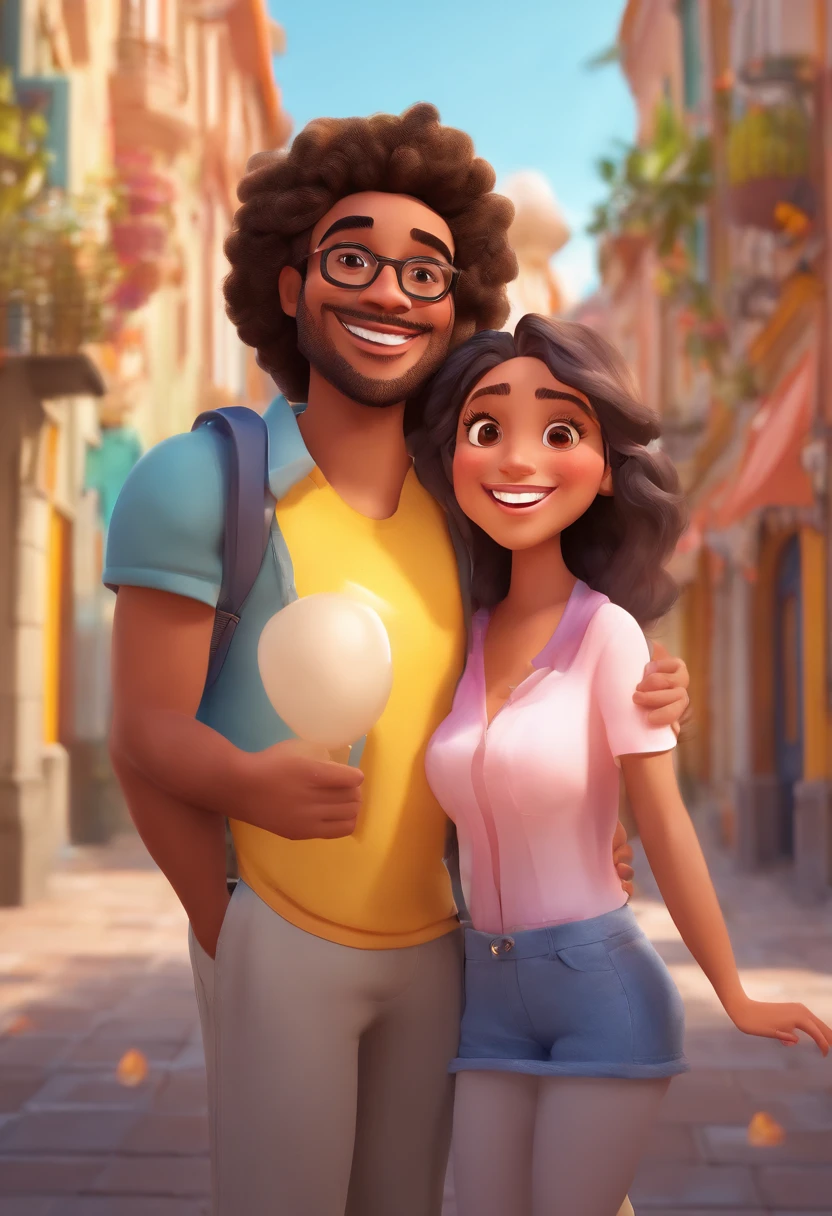 An illustration of an adorable couple, Highlight for a chubby mulatto man with glasses smiling and a brunette woman with beautiful expressive eyes - the man's skin is mulatto and the man's hair haswhile the woman's skin is black and the woman's hair is straight and brown. They are a bright room, cada um com um sorriso no rosto, e compartilhar um momento especial caracterizado pelo amor, Insights. Illustrate this scene from a perspective where they are facing the camera, Smiling and Showing Your Connection. Desenvolva esta arte em Full HD, Focus on your cinematic touch, Estilo Disney Pixar Animations