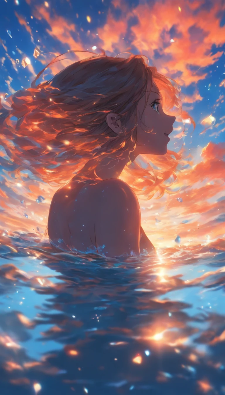 Woman floating in the water. Rear view, with their face not visible. Fantastic sky. Crystal clear sky, fantastic blue. High quality down to the smallest detail. fantastic landscape .