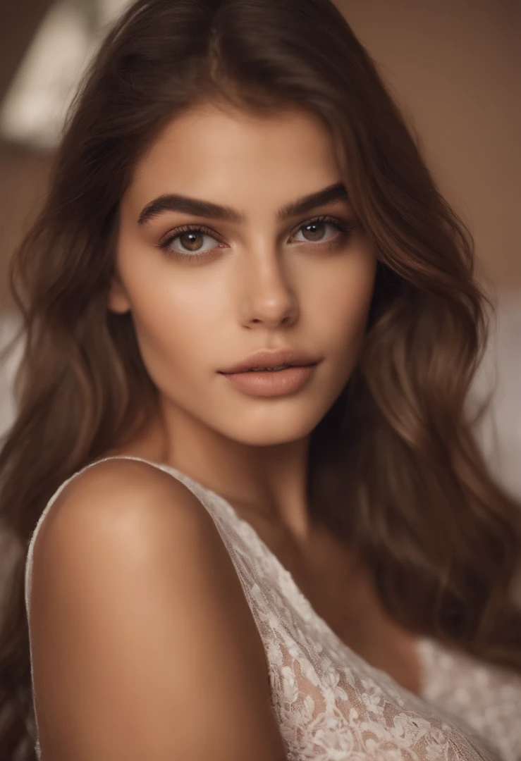 Kukami keeps hair and panties small, Sexy girl with brown eyes, Portrait of Kaia Gerber , brown hair and large eyes, selfie of a young woman, bedroom eyes, violet myers, no makeup, natural makeup, looking straight at camera, face with artgram, fine makeup, Stunning full-length shot, in bedroom, décolleté, Curvaceous, , big thighs , big breastes