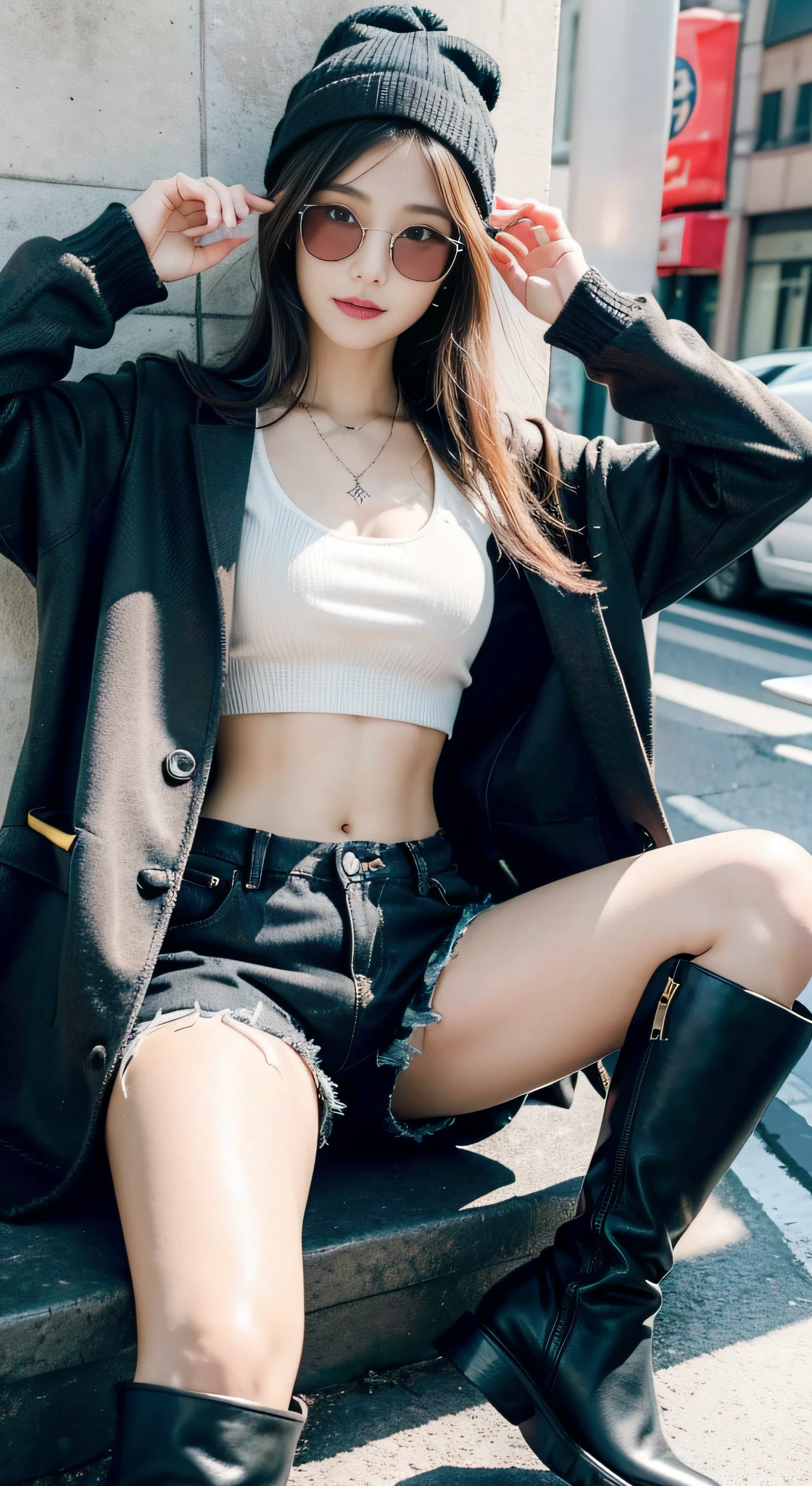 (32K,high-detail,high detal,hight resolution,highdensity,独奏,Lori:1.3),(Realistic people,Live action,A detailed eye,High resolution eyes,Fine eyes,Eyes that look like they are alive,beautiful dark blue eyes,Fishing eyes,Detailed lips,Crystal clear white skin,detailed realistic faces:1.3),(Japanese ido,Korean Idols,model in Japan,Korean models,Korean K-Pop Female Idol:1.2),(with a flushed face,natural make up,a necklace,piercings,Navel piercing:1.4)(Military Cargo Pants,Colorful tops with oversized silhouettes,Large coat,Leather boots,Knitted hats,Mode-based beautiful eye casual:1.6),(well-shaped breasts:1.5),(Young but very beautiful Korean16 years old little girl,Cool eyes,little smiling,facing back,turned around,Looking at the camera,Fashion Leader,fashion modell,Soft skin,Unforgettable eyes,Her eyes are too beautiful,I want to go to Paris Collection........,Cutting-edge fashion:1.6),(showing your whole body,Show full-body fashion,Stylish blue glasses:1.7)