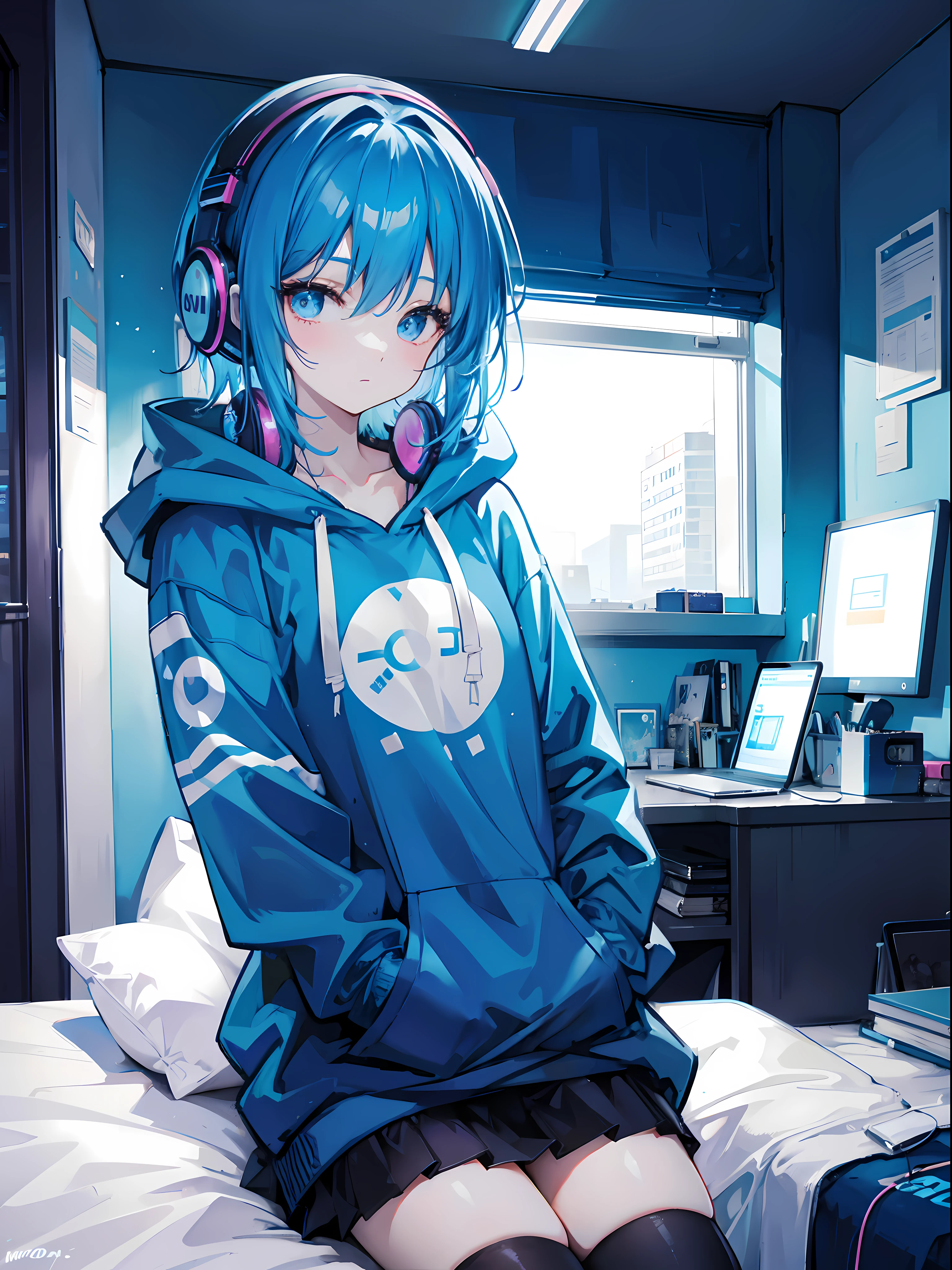 Blue-haired girl, hoodie, headphones, neon lights, bedroom