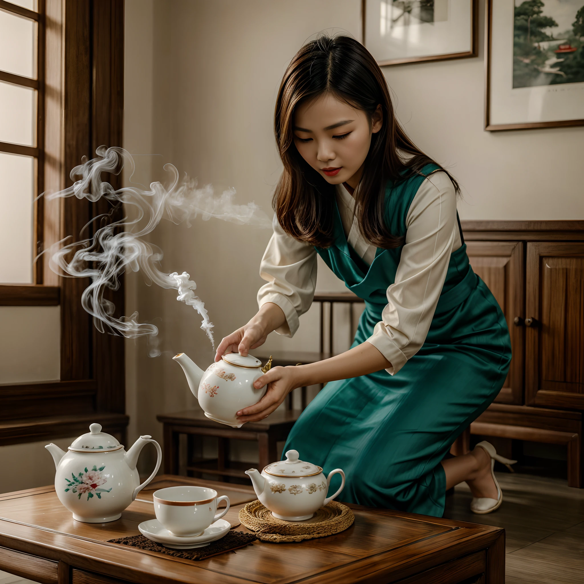 (masterpiece, best quality), old Chinese woman, full body, face, hide feet, documentary photo of Chinese woman wears typical traditional Chinese dress is intent on the tea ritual. She pours steaming tea into a cup from a teapot. The woman is kneeling and pours steaming tea into a cup from a teapot. The cup is resting on a typical traditional low Chinese coffee table. Typical old Chinese room, smoke in the air, very diffuse light, sensual movements, green_eyes, red lips, slightly open mouth, closed eyes, soft light, high res photo, high detailed, (highly detailed skin:1.2), 16k, High details. ultra high res.photorealistic:1.4, UHD, DSLR, soft lighting, high quality, grain color film, FujifilmXT3, low angle point of view