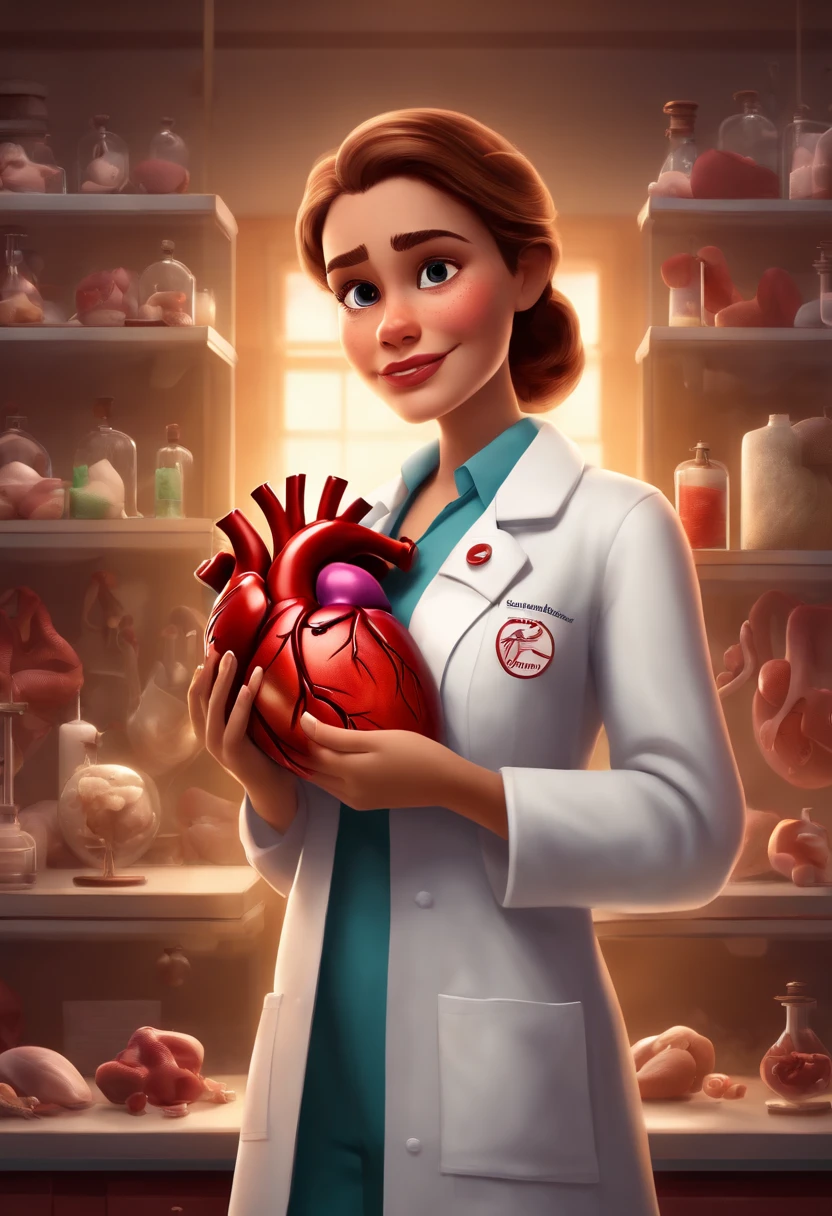 Um filme inspirado na Disney Pixar (GIRLS IN WHITE LAB COAT HOLDING A HUMAN HEART) inside a PIXAR-style anatomical studies laboratory, descolada e estilosa