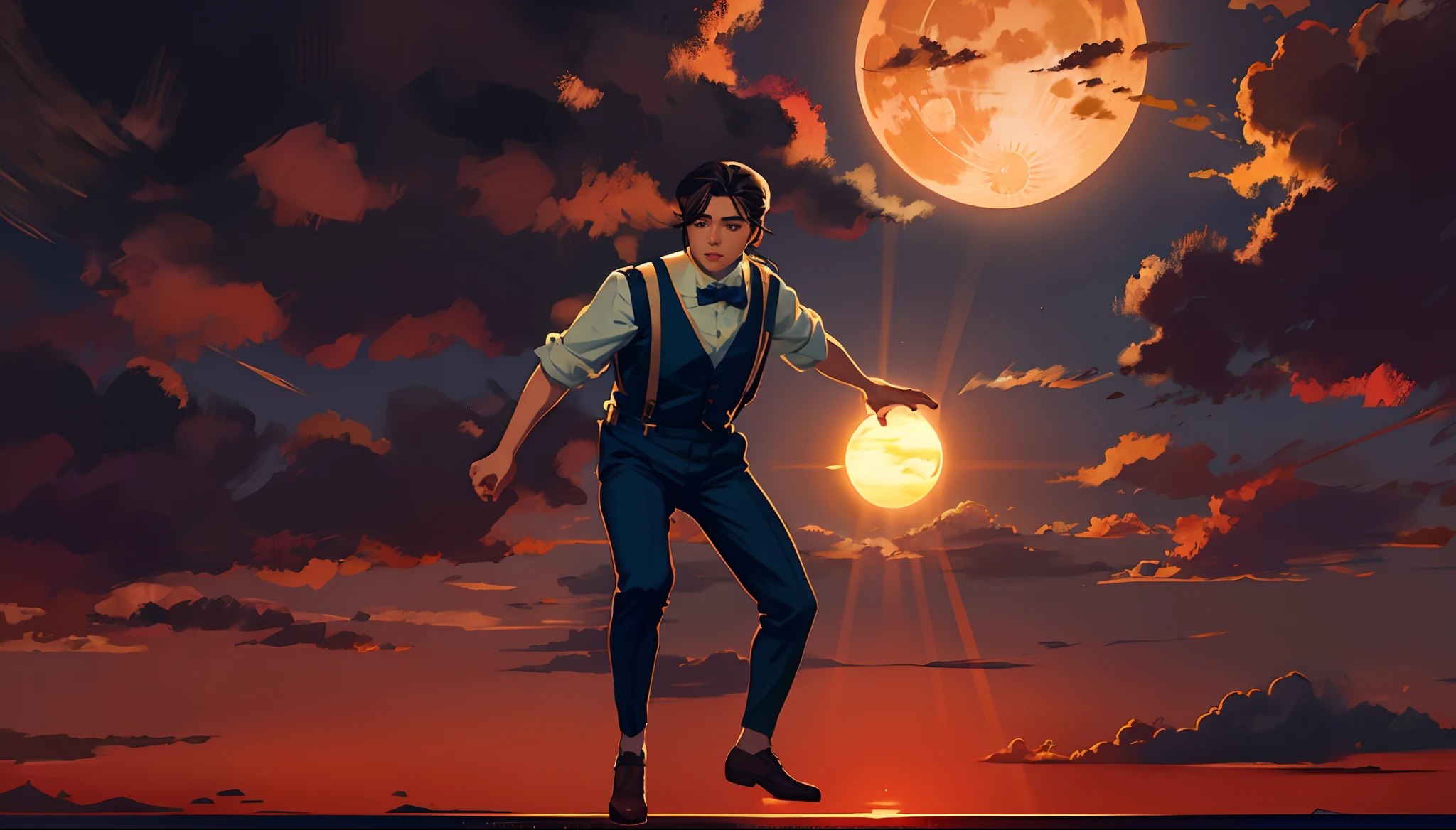 the sunset,eventide,middle parted hairstyle,Suspenders,Five fingers are normal and clear,Put your feet on the ground,Two hands,Two feet