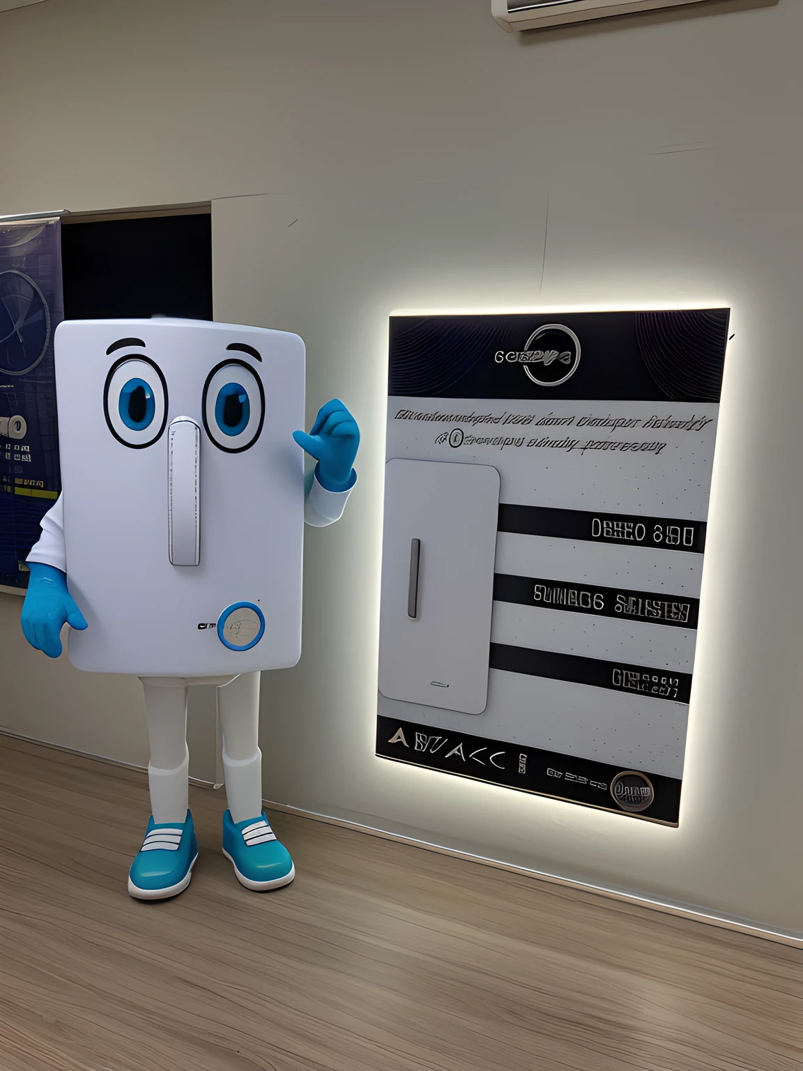 Montar um poster estilo Disney, mascote de uma geladeira parado em frente a uma placa, Diaper disposal robot, Promocional, Foto tirada por Legal Marketing, mascote de corpo inteiro, The Ecolab Industrial Dishwasher, emotionless face, description, Directed by: Nandor Soldier, 1614572159, mascote de cereais, Personagem Antasy, nariz quadrado, Directed by: Giorgio Cavallon