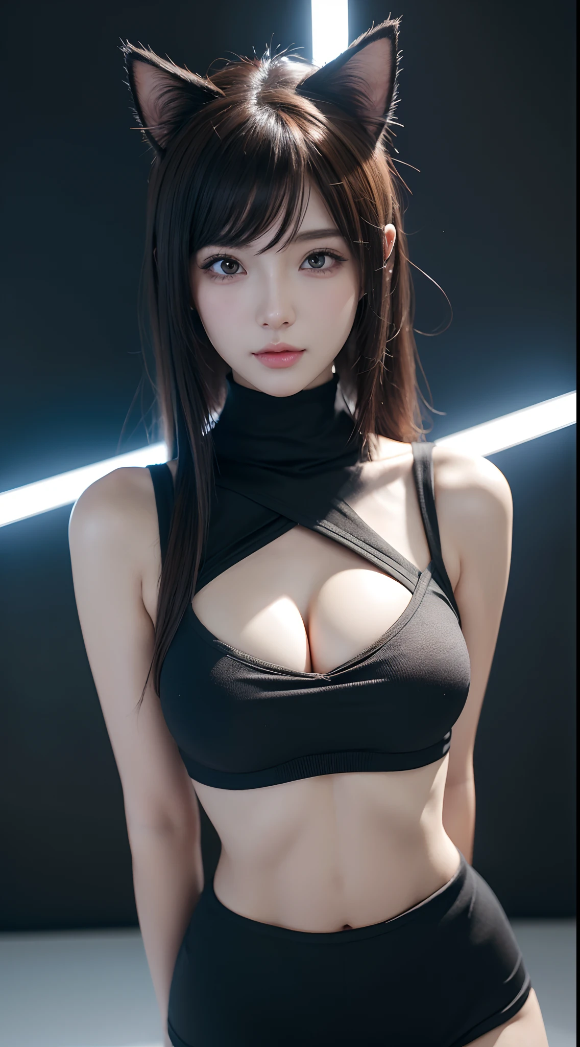 cat girl render as a very beautiful 3d anime girl, busty hot petite, stacked, waifu, vibrant eyes, full round face, short smile, cinematic lightning, medium shot, mid-shot, highly detailed, trending on Artstation, Unreal Engine 4k, cinematic wallpaper