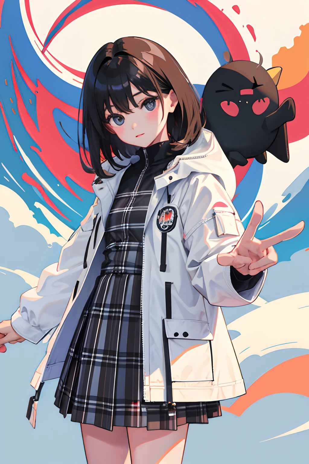child,(masterpiece,Highest Quality),white parka,plaid skirts,A dark-haired