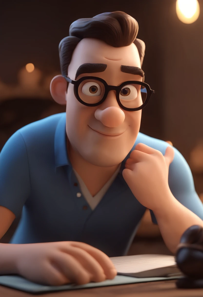 Cartoon character of a man wearing black glasses and a blue shirt, um personagem animado, Caractere estilizado, animation style rendering, 3D estilizado, Arnold Maya render, 3 d render stylized, toon render keyshot, Personagem 3D, Personagem 3D, 3d rendering stylized, 3 d character render, personagem de desenho animado, Personagem de close up, Pose de personagem, (Estilo Pixar) (master part:1.2) (Bokeh) (best quality) (pele detalhada) (textura detalhada) (8k) (argila) (Cinematic lighting) (foco nítido，Senta e vaza a parte superior do corpo