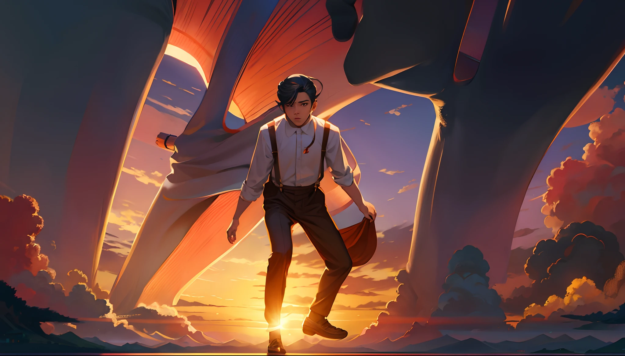 the sunset,eventide,middle parted hairstyle,Suspenders,Five fingers are normal and clear,Put your feet on the ground,Two hands,Two feet