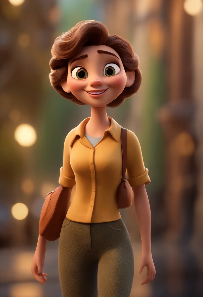 Pixar-inspired cartoon character of a woman with half-thick lips with color harmonic with her face, com copos redondos dourados, camisa verde escuro e saia bege puxando e cinto dourado e couro marrom , wavy light brown hair with bangs up to the eyebrow half on the side , SORRIDENTE E BONITO, animation character, Caractere estilizado, animation style rendering, 3D estilizado, Arnold Maya render, 3 d render stylized, toon render keyshot, Personagem 3D, Personagem 3D, 3d rendering stylized, 3 d character render, personagem de desenho animado, Personagem de close up, Pose de personagem, (Estilo Pixar) (master part:1.2) (Bokeh) (best quality) (pele detalhada) (textura detalhada) (8k) (argila) (Cinematic lighting) (foco nítido), segurando uma pasta e caneta valiosa