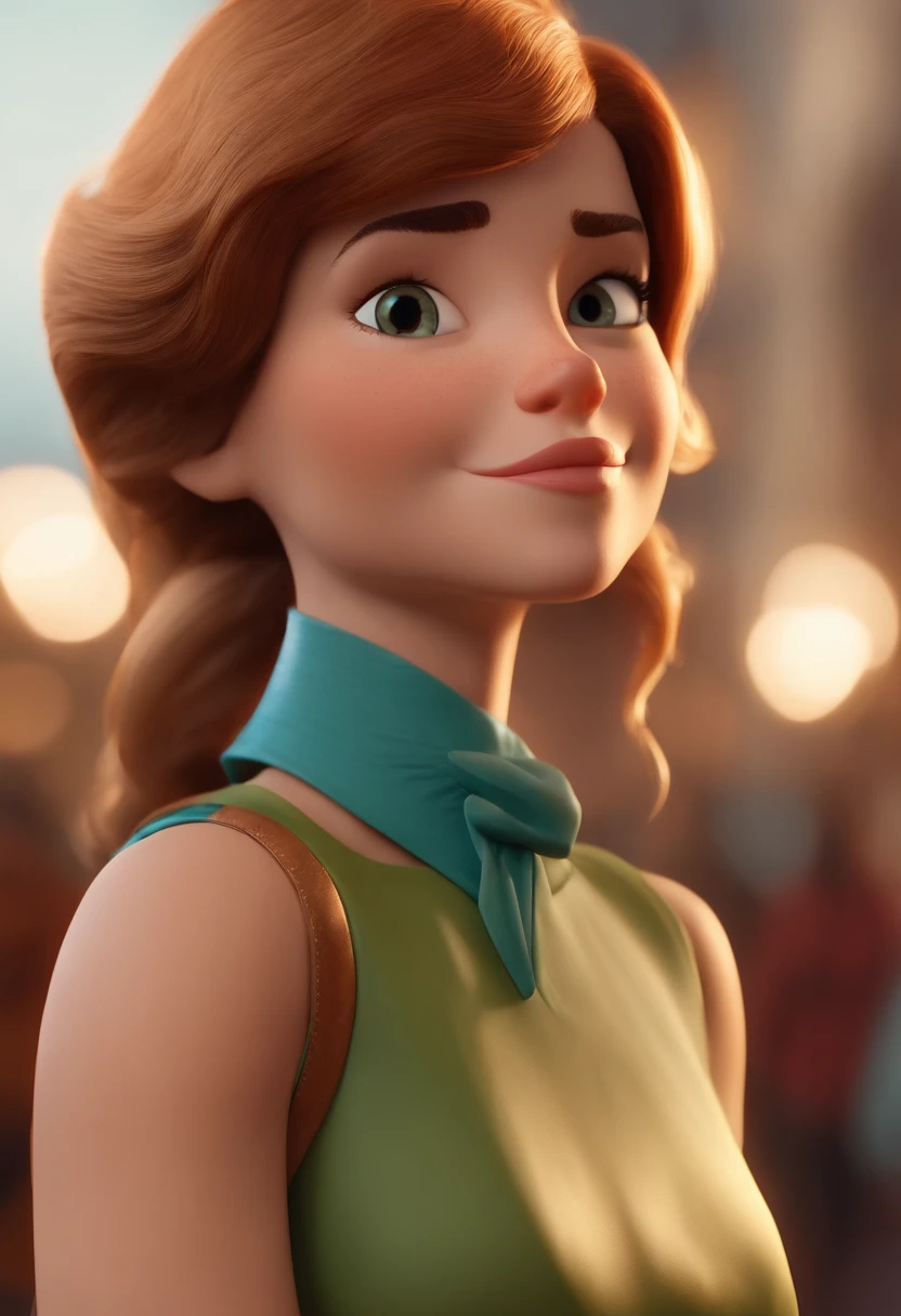 Pixar-inspired cartoon character of a woman with half-thick lips with color harmonic with her face, com copos redondos dourados, camisa verde escuro e saia bege puxando e cinto dourado e couro marrom , wavy light brown hair with bangs up to the eyebrow half on the side , SORRIDENTE E BONITO, animation character, Caractere estilizado, animation style rendering, 3D estilizado, Arnold Maya render, 3 d render stylized, toon render keyshot, Personagem 3D, Personagem 3D, 3d rendering stylized, 3 d character render, personagem de desenho animado, Personagem de close up, Pose de personagem,  (Estilo Pixar) (master part:1.2) (Bokeh) (best quality) (pele detalhada) (textura detalhada) (8k) (argila) (Cinematic lighting) (foco nítido), segurando uma pasta e caneta valiosa