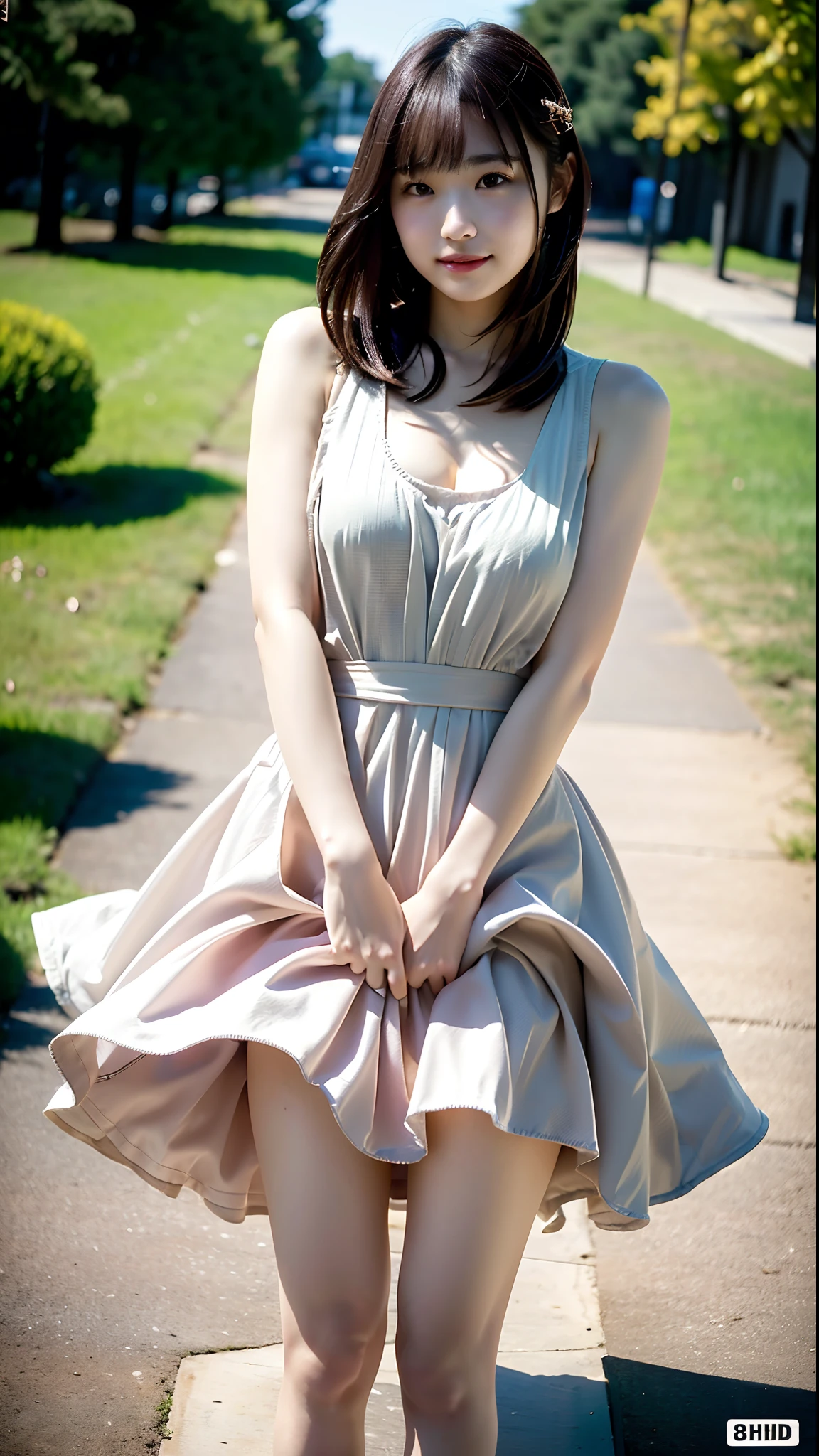 (Best quality, 8k, 32k, Masterpiece, UHD:1.2),Photo of Pretty Japanese woman,(sad smile,blush:1.1),looking at viewer,(beautiful detailed dress skirt:1.2),detailed legs,(spread legs:0.9),(lace panties:0.9),(wind lift:1.6), full body,windy,city,outdoors