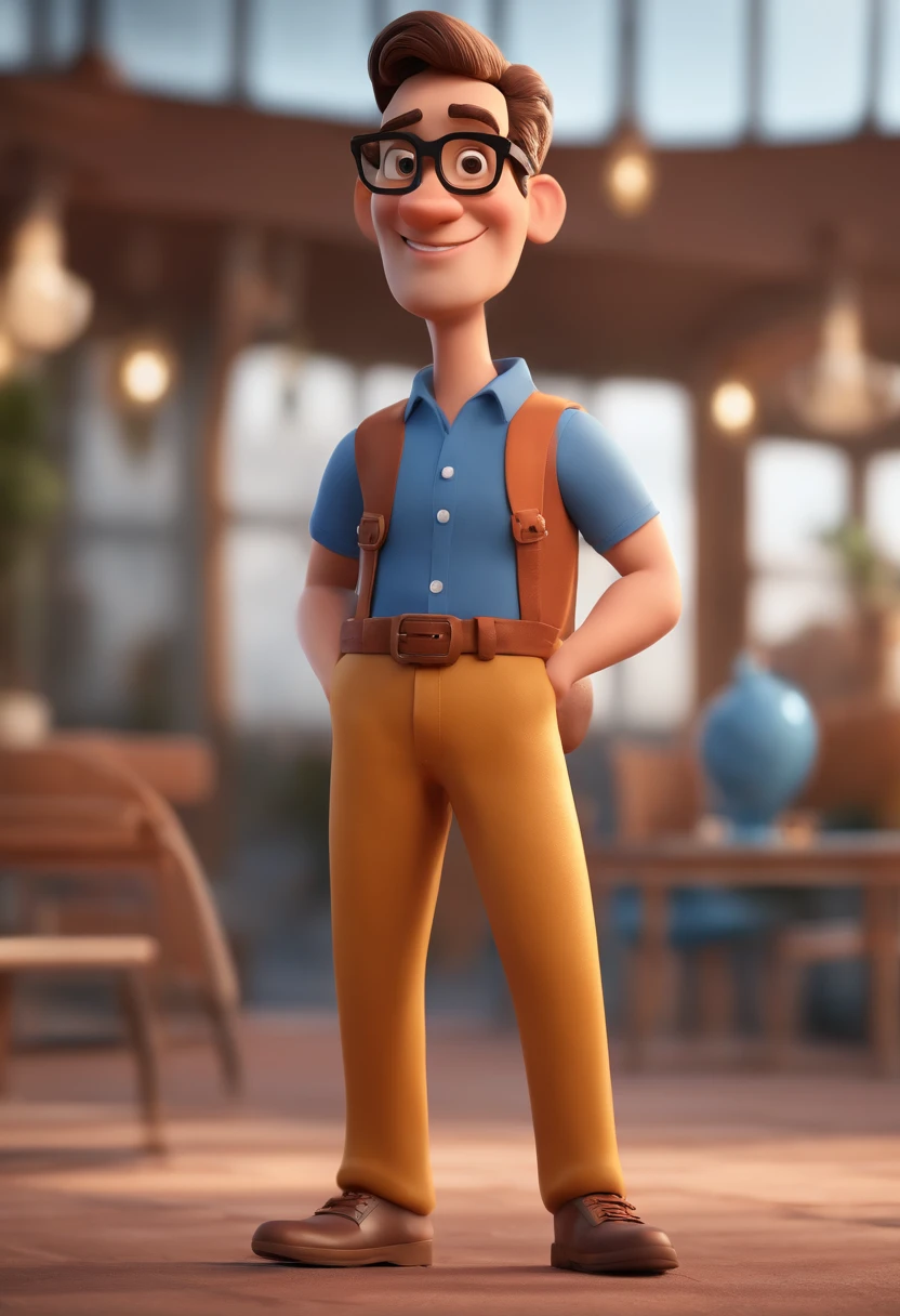 Cartoon character of a man with black glasses and a blue shirt, animation character, Caractere estilizado, animation style rendering, 3D estilizado, Arnold Maya render, 3 d render stylized, toon render keyshot, Personagem 3D, Personagem 3D, 3d rendering stylized, 3 d character render, personagem de desenho animado, Personagem de close up, Pose de personagem,  (Estilo Pixar) (master part:1.2) (Bokeh) (best quality) (pele detalhada) (textura detalhada) (8k) (argila) (Cinematic lighting) (foco nítido