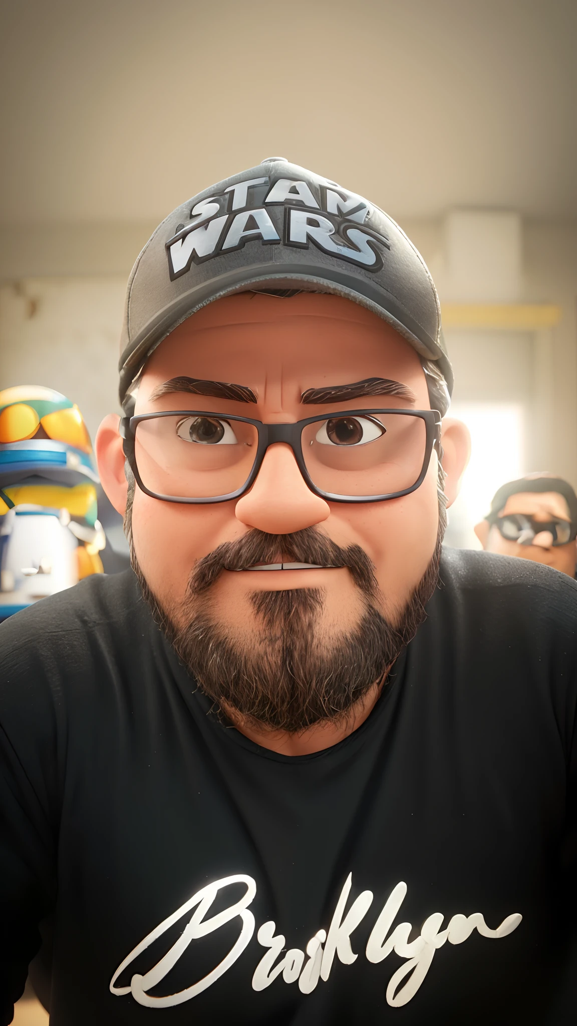 cartoon character of a man with black glasses and a black shirt with a Star Wars cap, animation character, Caractere estilizado, animation style rendering, 3D estilizado, Arnold Maya render, 3 d render stylized, toon render keyshot, Personagem 3D, Personagem 3D, 3d rendering stylized, 3 d character render, personagem de desenho animado, Personagem de close up, Pose de personagem, (Estilo Pixar) (master part:1.2) (Bokeh) (best quality) (pele detalhada) (textura detalhada) (8k) (argila) (Cinematic lighting) (foco nítido