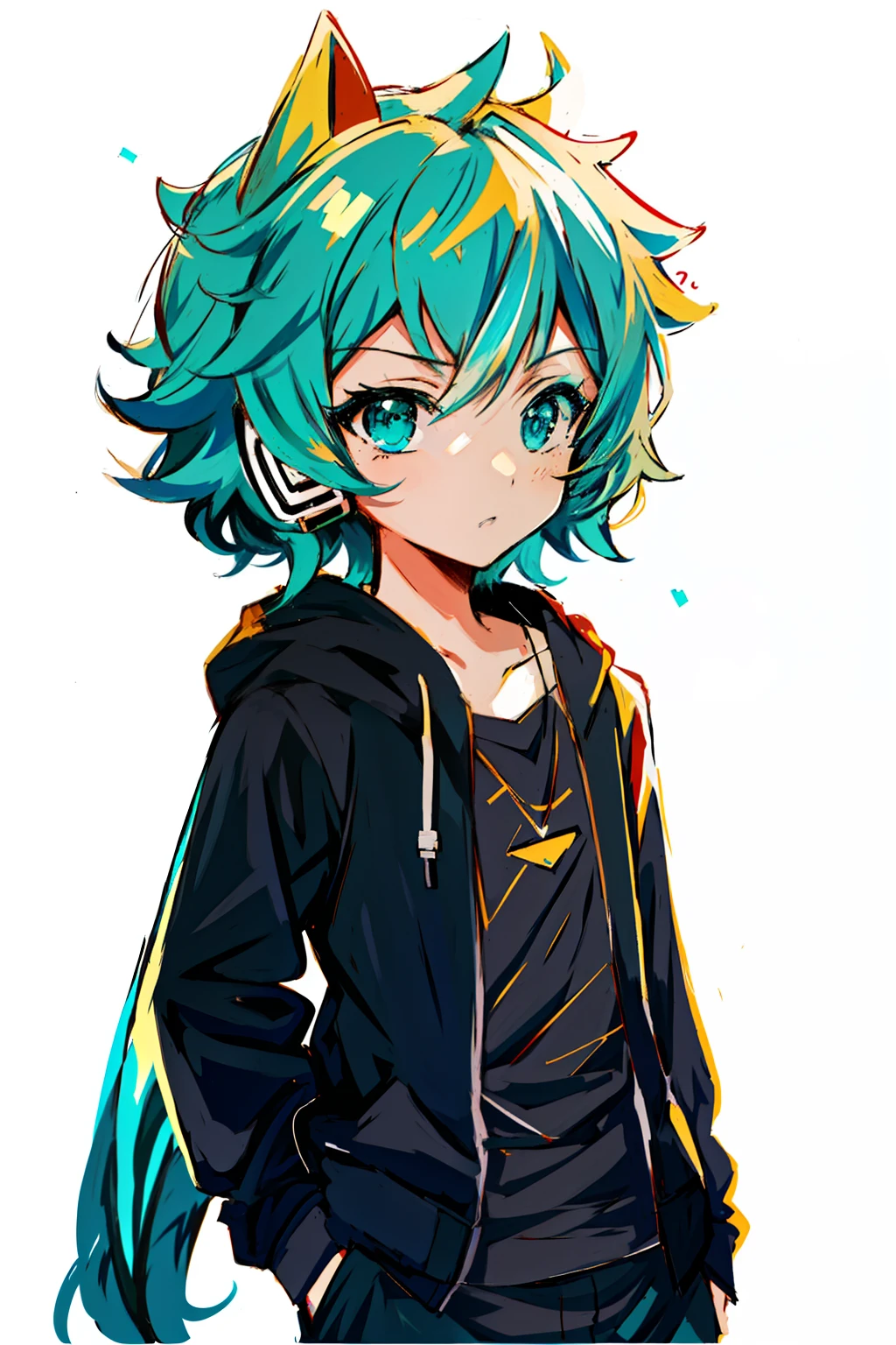 Close-up portrait of a person wearing cat ears and hoodie, nagito komaeda, anime moe art style, 2 d anime style, Anime girl with teal hair, Stylized anime, anime stylized, by Puru, High quality anime art style, Anime Boy, hatsune miku short hair, anime style character, anime style 4 k,Make a troubled look