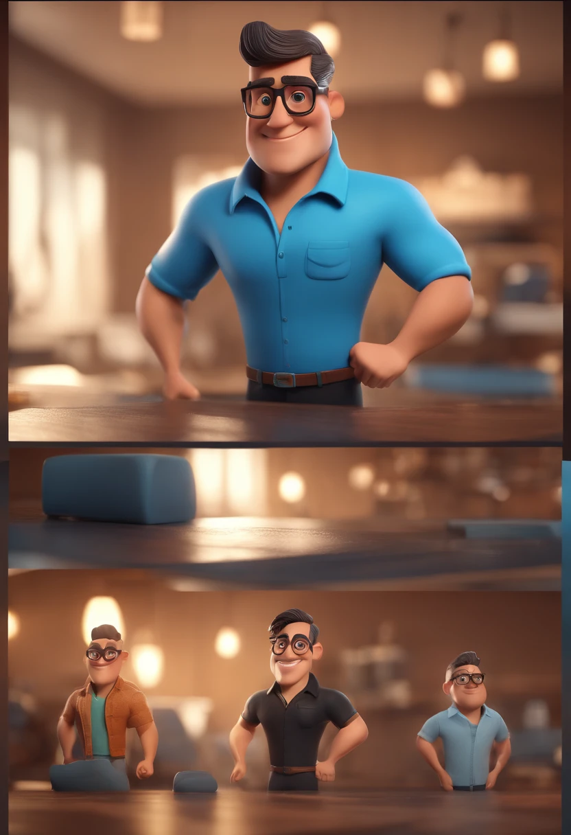 Cartoon character of a man with black glasses and a blue shirt, animation character, Caractere estilizado, animation style rendering, 3D estilizado, Arnold Maya render, 3 d render stylized, toon render keyshot, Personagem 3D, Personagem 3D, 3d rendering stylized, 3 d character render, personagem de desenho animado, Personagem de close up, Pose de personagem, (Estilo Pixar) (master part:1.2) (Bokeh) (best quality) (pele detalhada) (textura detalhada) (8k) (argila) (Cinematic lighting) (foco nítido