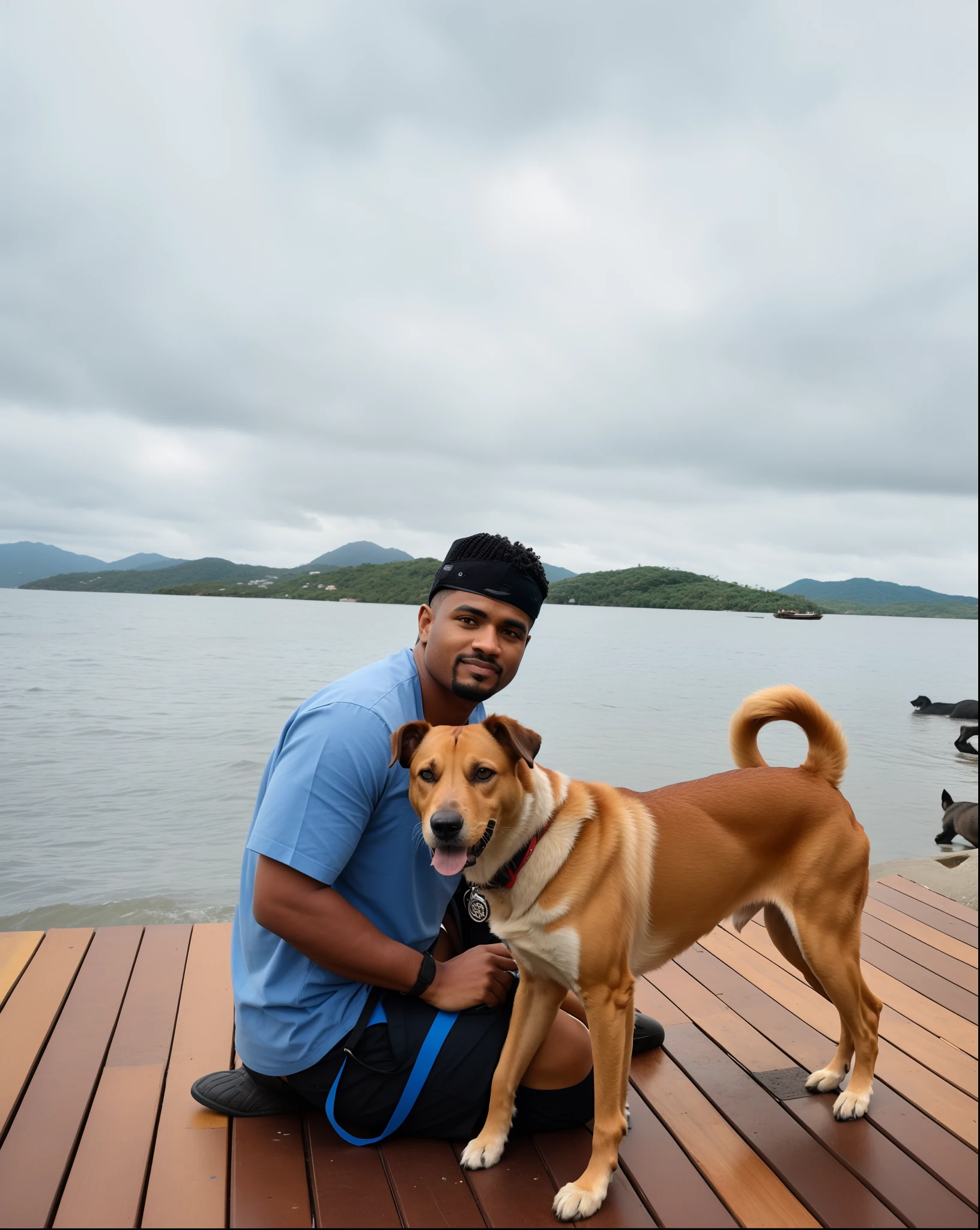 Homem sentado em uma doca com um cachorro na coleira, Directed by: Nandor Soldier, Directed by: Luis Miranda, with stray dogs, lab in the background, caio santos, with his hyperactive little dog, Directed by: Olivia Peguero, com montanhas ao fundo, by Amelia Peláez, Directed by: Felipe Seade, Directed by: Teresa Fasolino