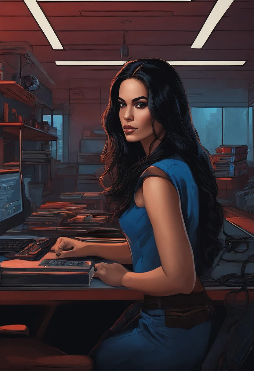 Cena em uma loja de motocicletas, mulher , black long hair, sitting behind the desk , camisa azul e preta, sorrindo