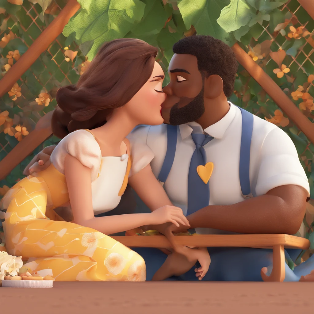 An illustration of an adorable couple, Highlight for a dark-skinned man and a white woman with beautiful expressive eyes - the man's skin is mulatto and the man's hair is straight dark brown combed to the side, ele possui barba, while the woman's skin is white and the woman's hair is long, liso e castanho. se beijando em frente ao arbusto florido, are in love, e compartilhar um momento especial caracterizado pelo amor, Insights. Illustrate this scene from a perspective where they are facing the camera, Kissing and showing your connection. Desenvolva esta arte em Full HD, Focus on your cinematic touch, Estilo Disney Pixar Animations