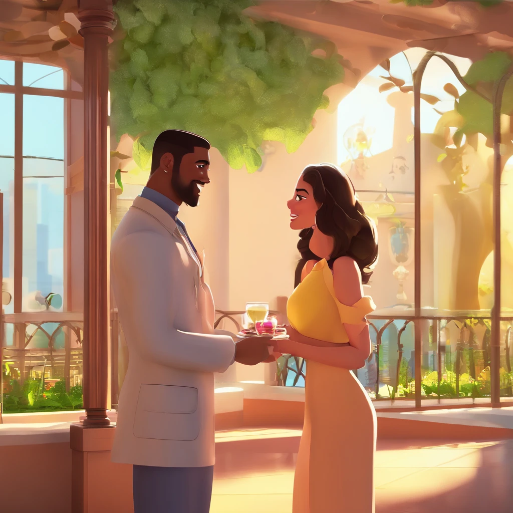 An illustration of an adorable couple, Highlight for a dark-skinned man and a white woman with beautiful expressive eyes - the man's skin is mulatto and the man's hair is straight dark brown combed to the side, ele possui barba, while the woman's skin is white and the woman's hair is long, liso e castanho. se beijando em frente ao arbusto florido, are in love, e compartilhar um momento especial caracterizado pelo amor, Insights. Illustrate this scene from a perspective where they are facing the camera, Kissing and showing your connection. Desenvolva esta arte em Full HD, Focus on your cinematic touch, Estilo Disney Pixar Animations