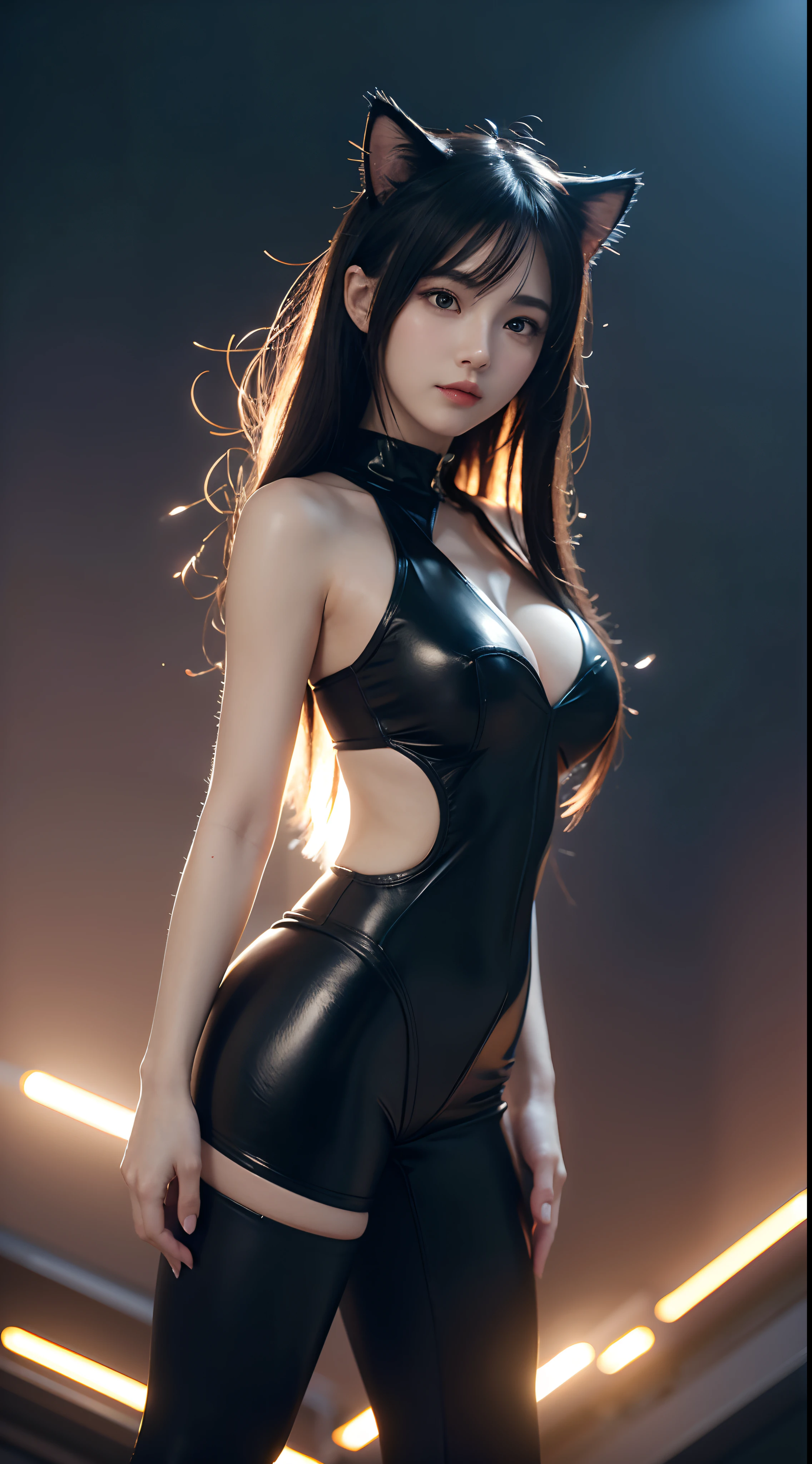 cat girl render as a very beautiful 3d anime girl, busty hot petite, stacked, waifu, vibrant eyes, full round face, short smile, cinematic lightning, medium shot, mid-shot, highly detailed, trending on Artstation, Unreal Engine 4k, cinematic wallpaper