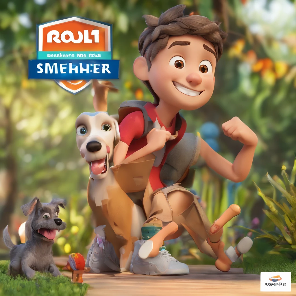 Lucas is a smiling 15-year-old human boy, com seu fiel amigo, Bolt, o cachorro schnauzer, deitados no jardim