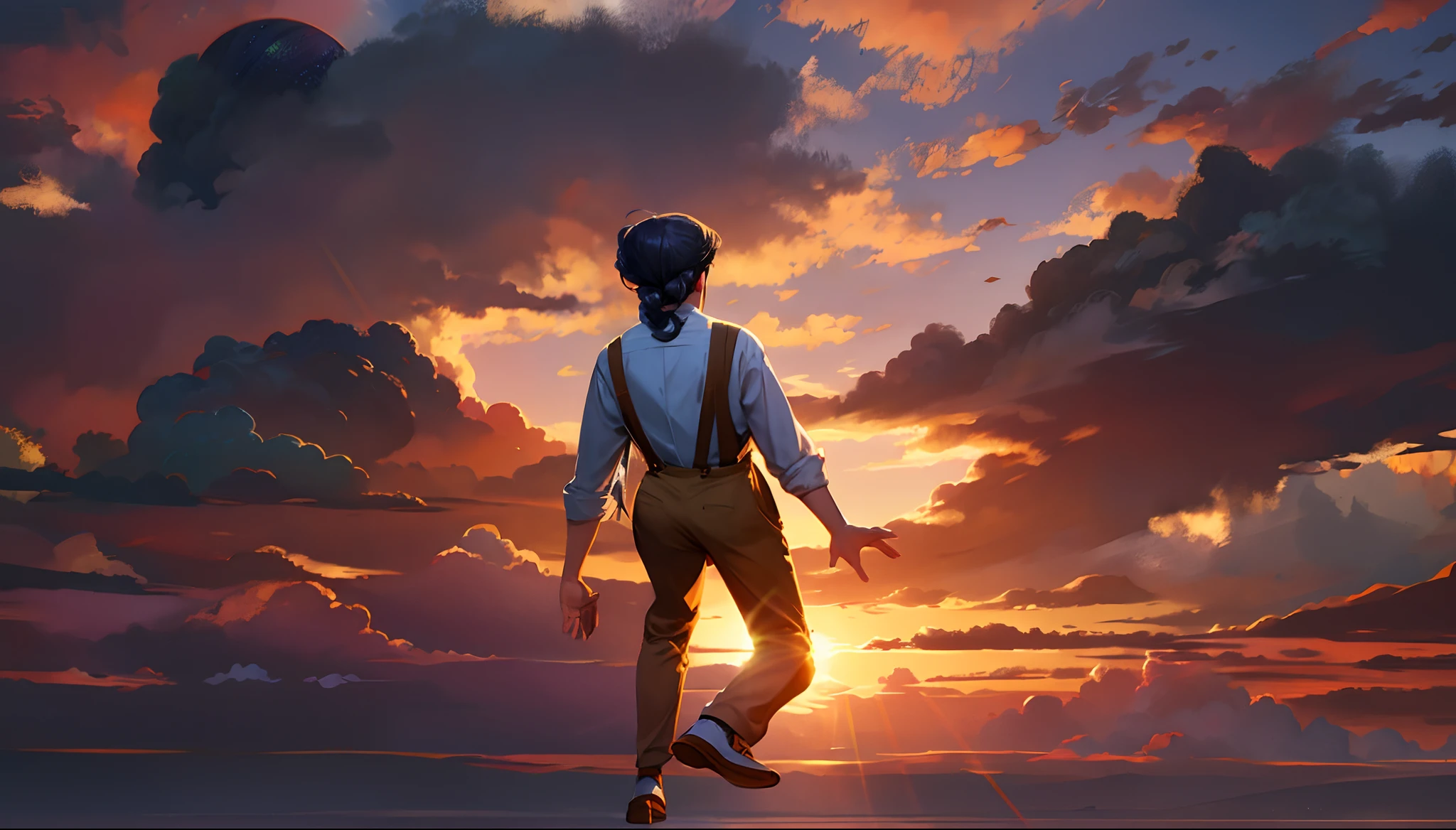 the sunset，eventide，middle parted hairstyle，Suspenders，Five fingers are normal and clear，Put your feet on the ground，Two hands，Two feet，basketball ball