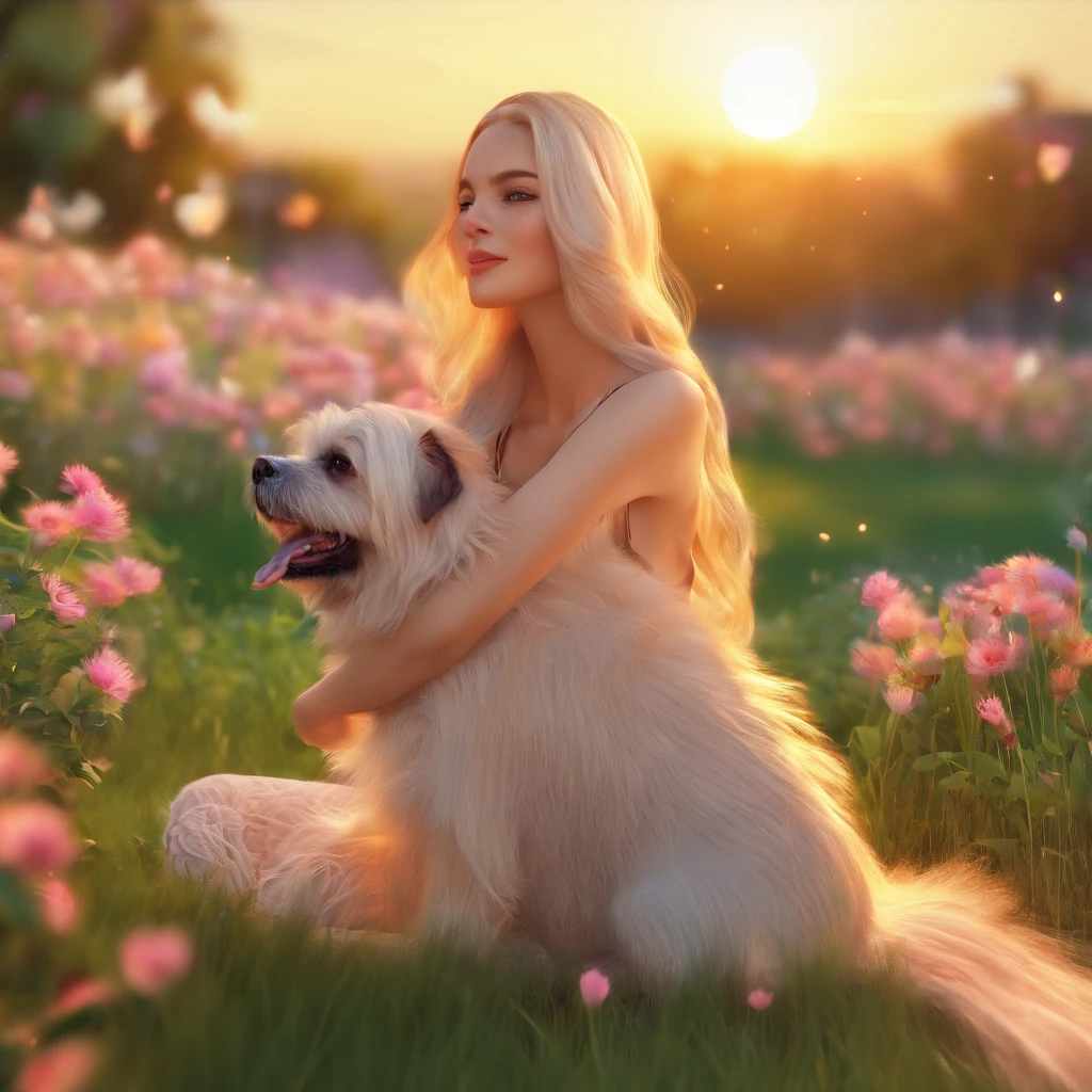 blonde woman sitting with her shitzu dog beside her, both happy with the sunset behind them, (best quality, 4k, highres, masterpiece:1.2), detailed facial features, long blonde hair flowing in the wind, beautiful detailed eyes, lovely smile on her lips, vibrant colors, soft lighting, peaceful garden setting, blooming flowers, green grass, tranquil atmosphere, joyful expressions, gentle breeze, vivid sunset hues