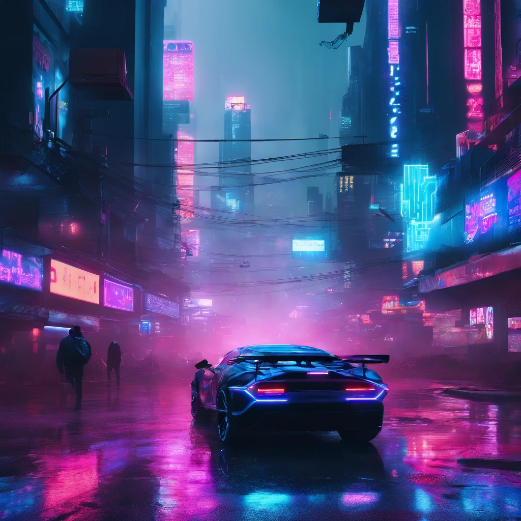 (Best Quality,4K,8K,hight resolution,masutepiece:1.2),Ultra-detailed,(Realistic,Photorealistic,Photorealsitic:1.37),neon light,twilight sky,night cityscape,Sparkling cityscape,Impressive skyscrapers,High-tech City,Advanced metropolis,cybernetic enhancements,augmented reality,holographic displays,dystopian future,advanced technique,Hovering Vehicle,Chaos in the city,Rough streets,cybernetic implant,nightlife,Pulsating energy,Electronic Beats,High-tech weapons,Rebel Hackers,virtual reality,Bustling crowd,dark alley,Neon Tattoo,Aesthetic Urban Fashion,Futuristic fashion trends,Enhanced Humans,Dangerous behemoths,Crime Syndicates,Bionic limbs,Corrupt politicians,Digital Surveillance,cyberpunk noir,high contrast lighting,Electric Blue Color Palette,Glowing neon sign,very heavy rain,Running in the rain,Reflection on wet roads,Smoky atmosphere