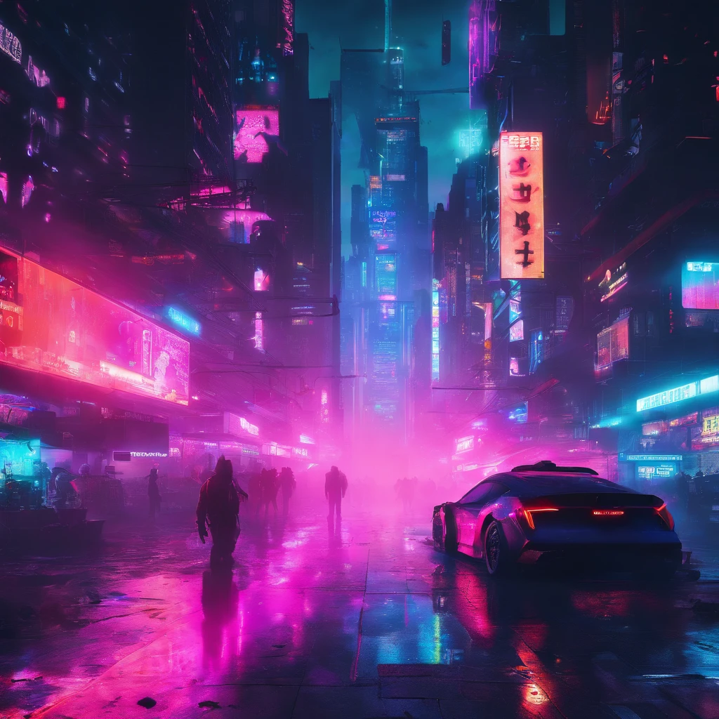 (Best Quality,4K,8K,hight resolution,masutepiece:1.2),Ultra-detailed,(Realistic,Photorealistic,Photorealsitic:1.37),neon light,twilight sky,night cityscape,Sparkling cityscape,Impressive skyscrapers,High-tech City,Advanced metropolis,cybernetic enhancements,augmented reality,holographic displays,dystopian future,advanced technique,Hovering Vehicle,Chaos in the city,Rough streets,cybernetic implant,nightlife,Pulsating energy,Electronic Beats,High-tech weapons,Rebel Hackers,virtual reality,Bustling crowd,dark alley,Neon Tattoo,Aesthetic Urban Fashion,Futuristic fashion trends,Enhanced Humans,Dangerous behemoths,Crime Syndicates,Bionic limbs,Corrupt politicians,Digital Surveillance,cyberpunk ????,high contrast lighting,Electric Blue Color Palette,Glowing neon sign,very heavy rain,Running in the rain,Reflection on wet roads,Smoky atmosphere