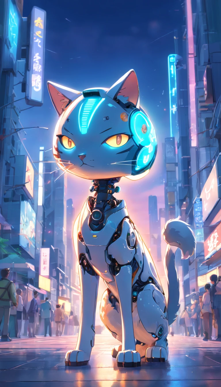 robotic cat, (Blind Box Toy Style:1.2), (FULL BODYSHOT) , 1 transparent boy,Behind him is a cute transparent robot cat, Mechanical Transparent, Exquisite helmet:1.2, Glasses:1.2, Cyberpunk, Dreamy glow, bright neon lights, ren, white backgrounid, ( globalillumination, Streak Trace, nffsw, Unreal Render,Reasonable design, high detal, Master Parts, Best Quality, Hyper Hi-Vision, Cinematic lighting)