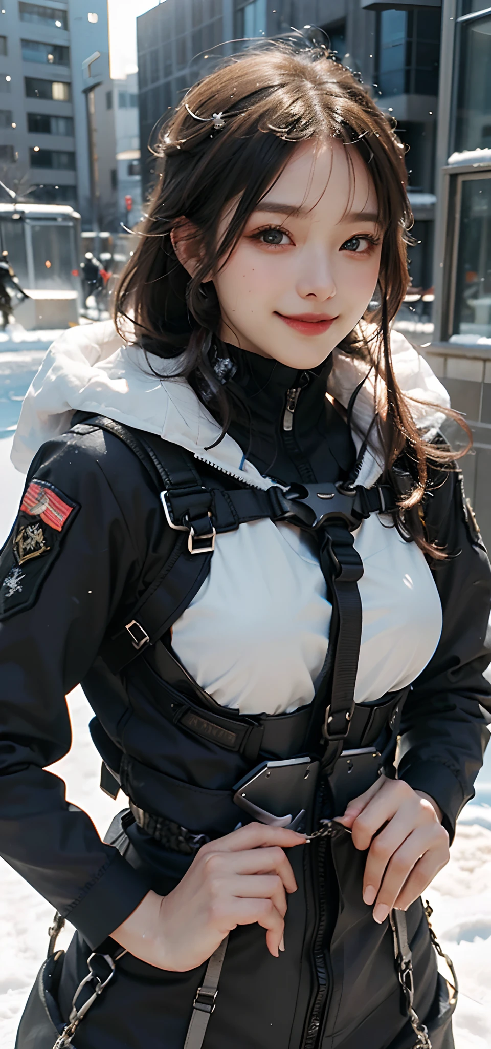 (Highest image quality, outstanding details, ultra-high resolution), 1 girl, wearing futuristic military outfit((inspired by snow boarding wears, military harness, military gears such as pouches)), (glamour body:1.2, buffed and muscular body), (a bit chubby:0.5), background military base, bright smile with pleasure and excitement, dynamic pose, dramatic lighting,