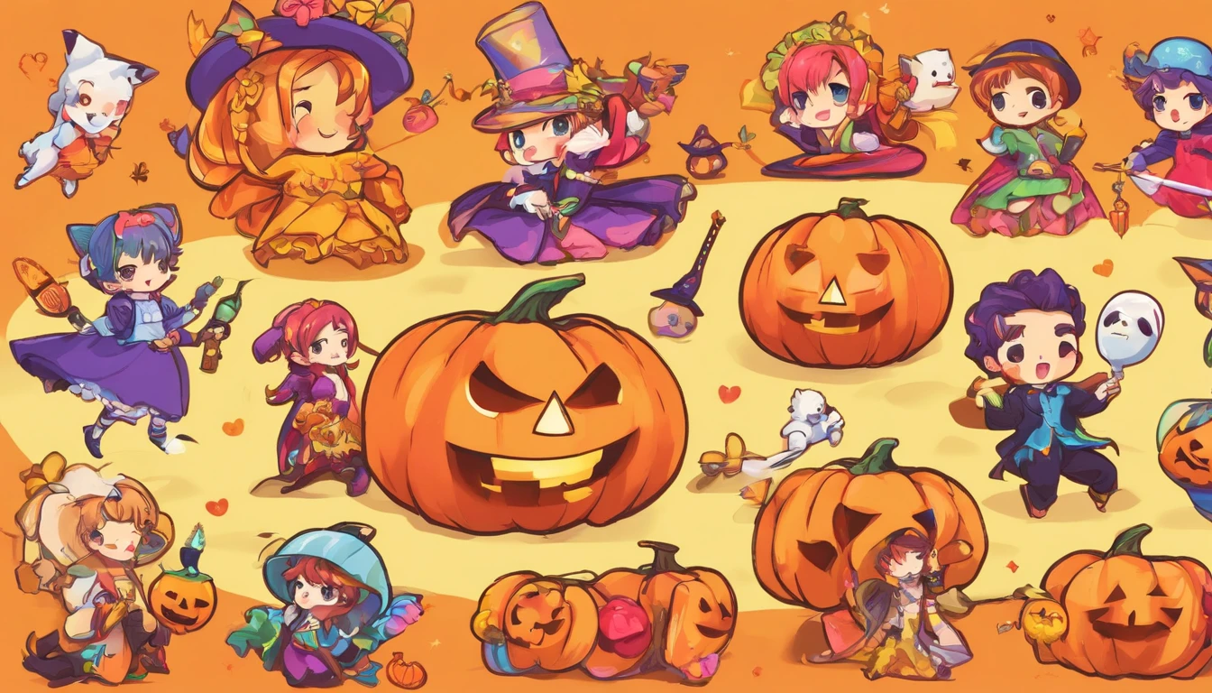 Halloween night, Halloween party, Jack-o'-lantern, many people in cosplay