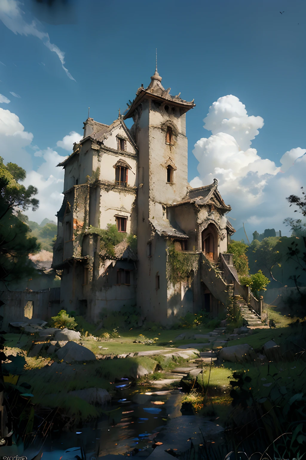 Best quality,Masterpiece,absurdres,(photograph realistic:1.4),surrealism,Dream-like,fusionart,Shadowdancer,shadow magic,Dilapidated castle in the background,pov from above,4K,scenery,Mountain,No Man,Outdoors,sky,Night,architecture,east asian architecture,lantern,Cloud,tree,Building,house,rivers,Fluorescent butterfly,rim-light,Low moonshine, INFO