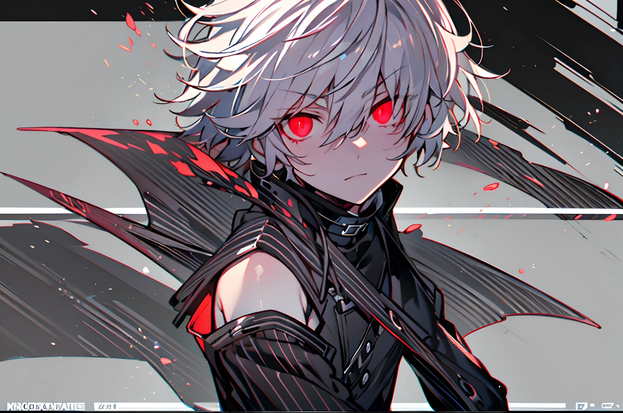 hight resolution,close range、Anime boy with white hair and red eyes staring at camera, Glowing red eyes,slim, dressed in a black outfit,Shadow Body,de pele branca,monochromes,hair messy,Straight face、Diagonal angle