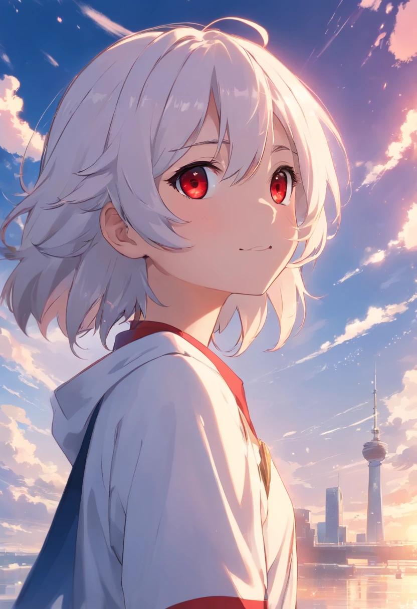 A boy with,Red eyes,the detail,White color hair,Thin,Cold white skin,ellegance,Noble,Delicate picture,Get wet,seductiv,Look up at the perspective,seduce,ssmile,clouds,Intricate decoration