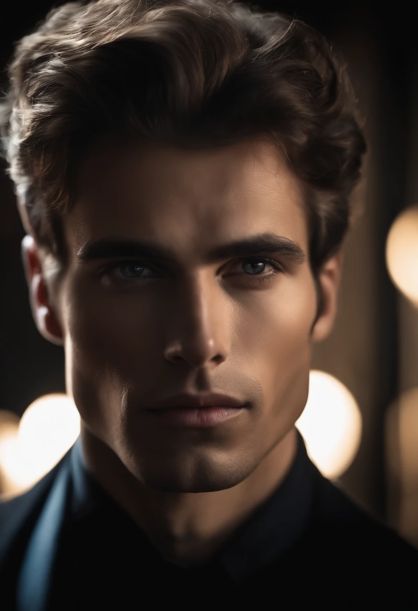 high quality, face portrait, european man, wearing black dress, serious face, detailed face, skin pores, dramatic lighting