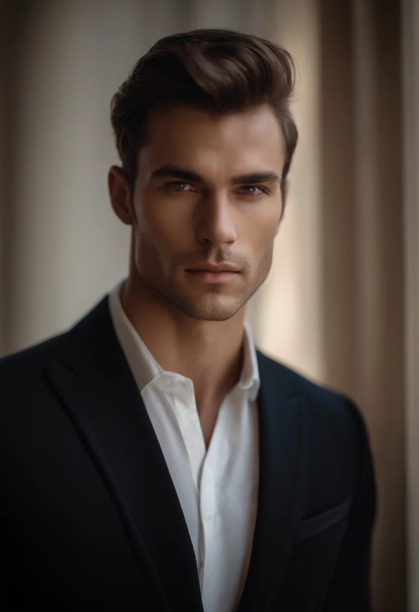 high quality, face portrait, european man, wearing black dress, serious face, detailed face, skin pores, dramatic lighting