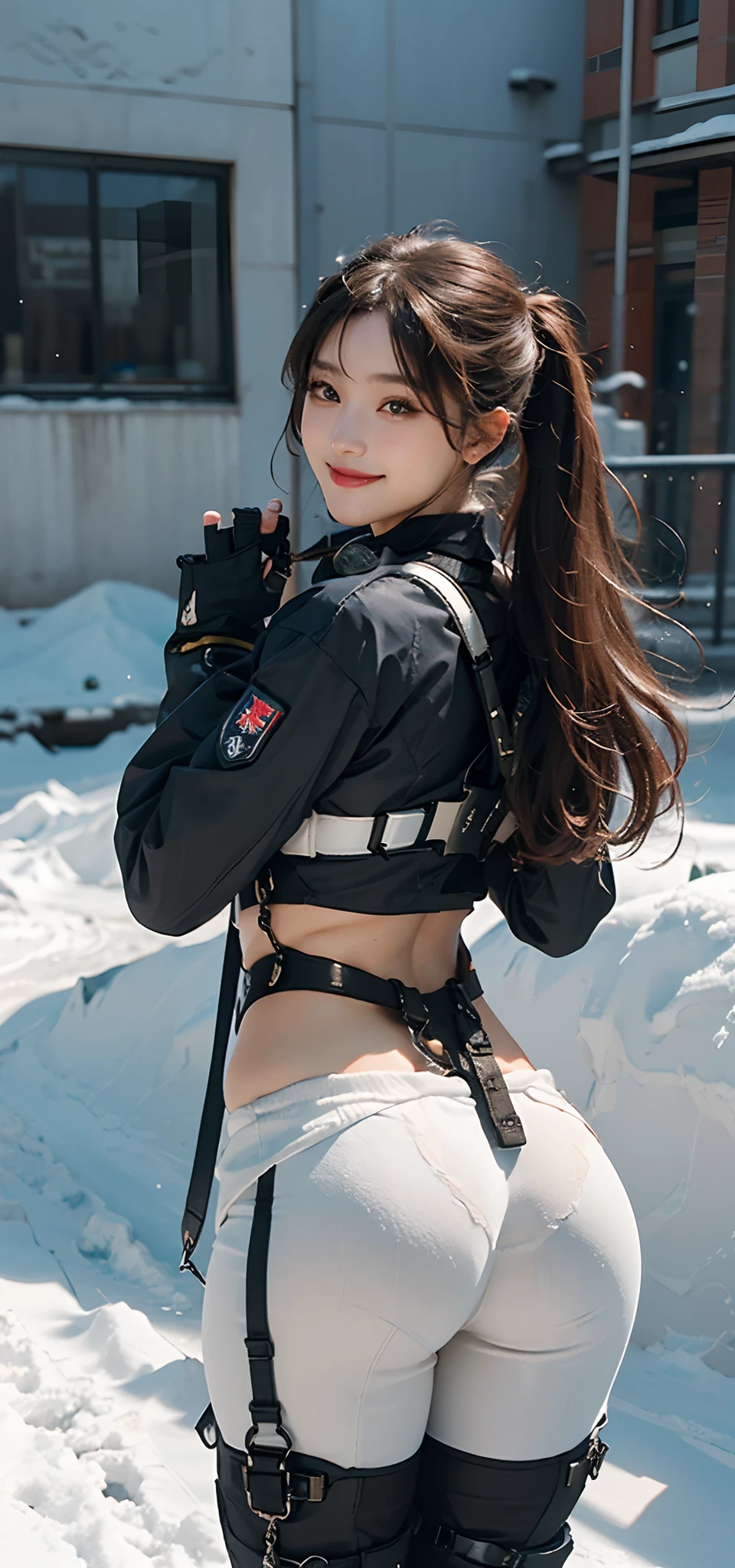 (Highest image quality, outstanding details, ultra-high resolution), 1 girl, wearing futuristic military outfit((inspired by snow boarding wears, military harness, military gears such as pouches)), (glamour body:1.2, buffed and muscular body, huge ass), (a bit chubby:0.5), background military base, bright smile with pleasure and excitement, dynamic pose, dramatic lighting,