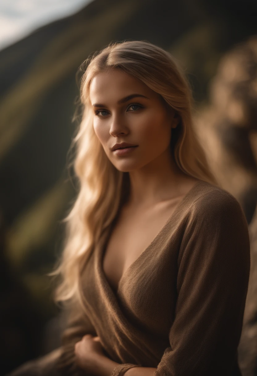 Realistic photo of a beautiful woman with a round face and high cheekbones, she has a cute button nose and small jaw, with large beautiful pale eyes, she has dark brows and white blonde hair, she has a compact strong body with beautiful legs, (masterpiece), (photorealistic:1.4), RAW photo, best quality, high res, rich colors, backlight, bright sunlight, cinematic lighting, film grain, raw photo, 50mm lens, Nikon D850, warm colors, age 21 blonde pretty, sexy, young, standing of Machu picchu reding a book